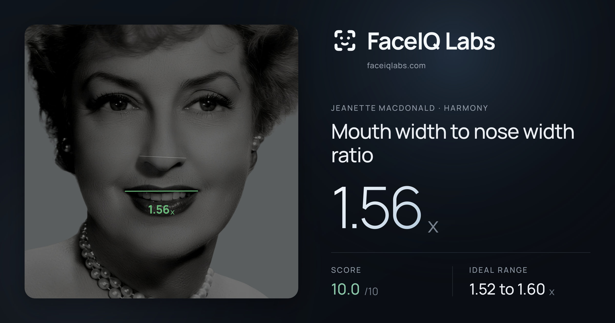 Jeanette MacDonald Mouth width to nose width ratio: 1.56x, drawn on the photo