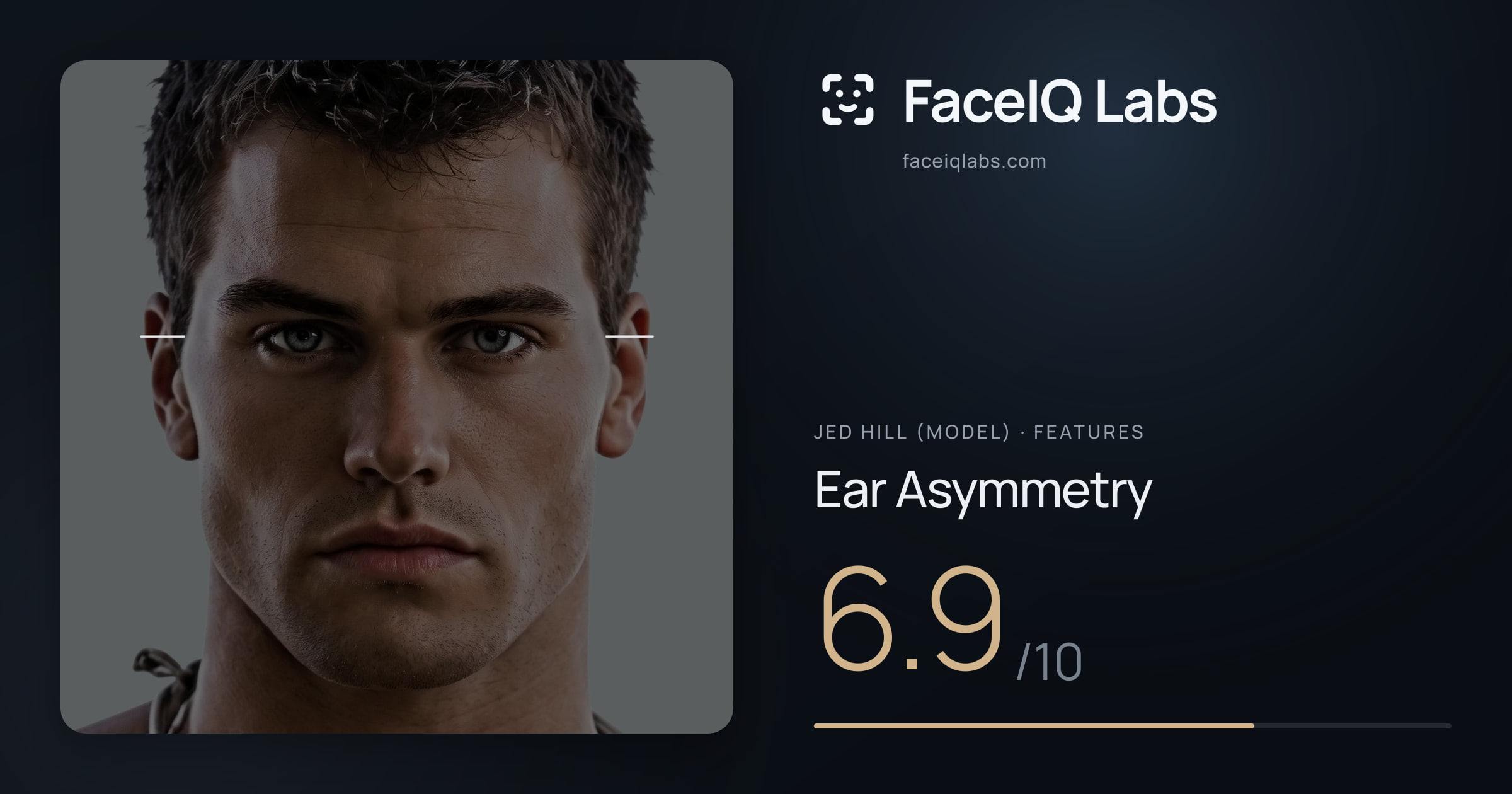 Jed Hill (Model) Ear Asymmetry: 6.9/10, drawn on the photo
