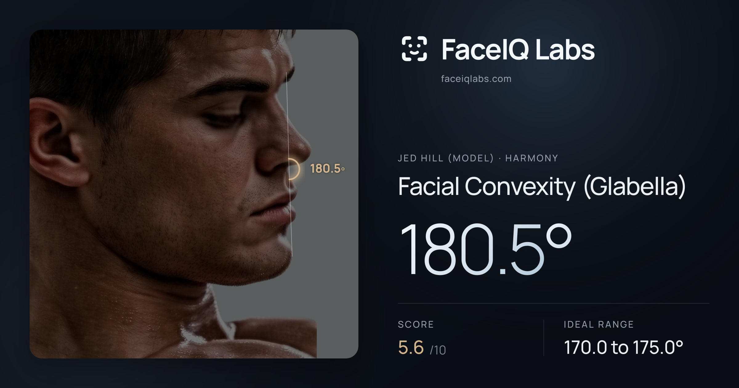 Jed Hill (Model) Facial Convexity (Glabella): 180.5°, drawn on the photo