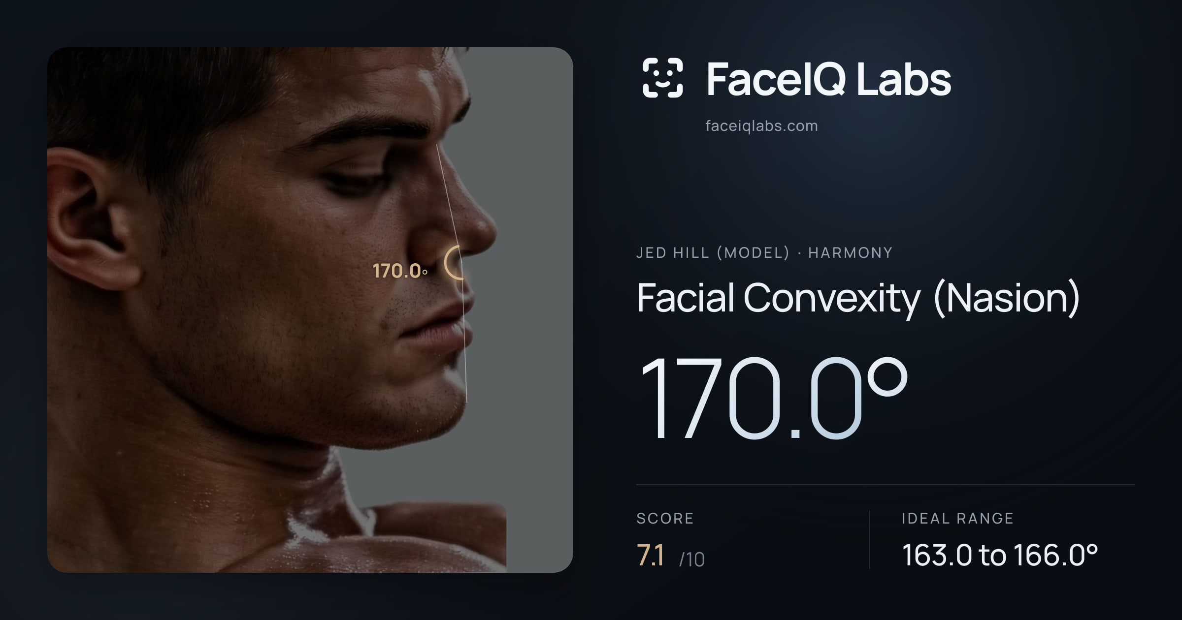 Jed Hill (Model) Facial Convexity (Nasion): 170.0°, drawn on the photo
