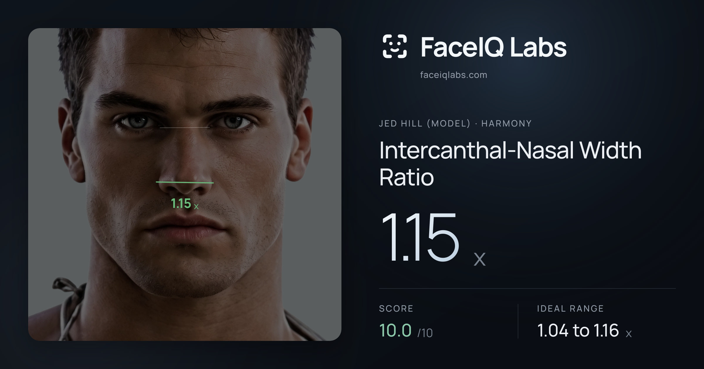 Jed Hill (Model) Intercanthal-Nasal Width Ratio: 1.15x, drawn on the photo