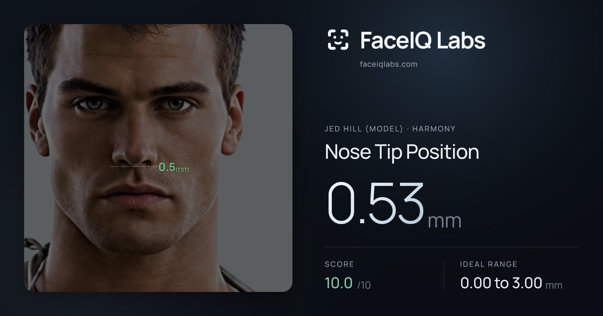 Jed Hill (Model) Nose Tip Position: 0.53mm, drawn on the photo