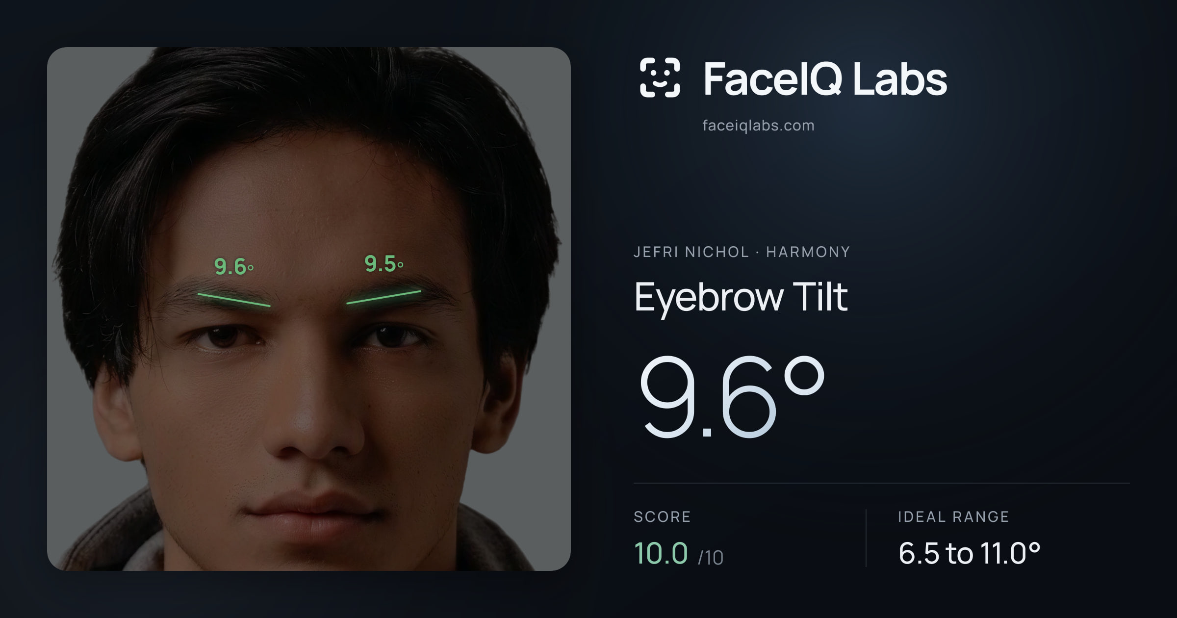 Jefri Nichol Eyebrow Tilt: 9.6°, drawn on the photo