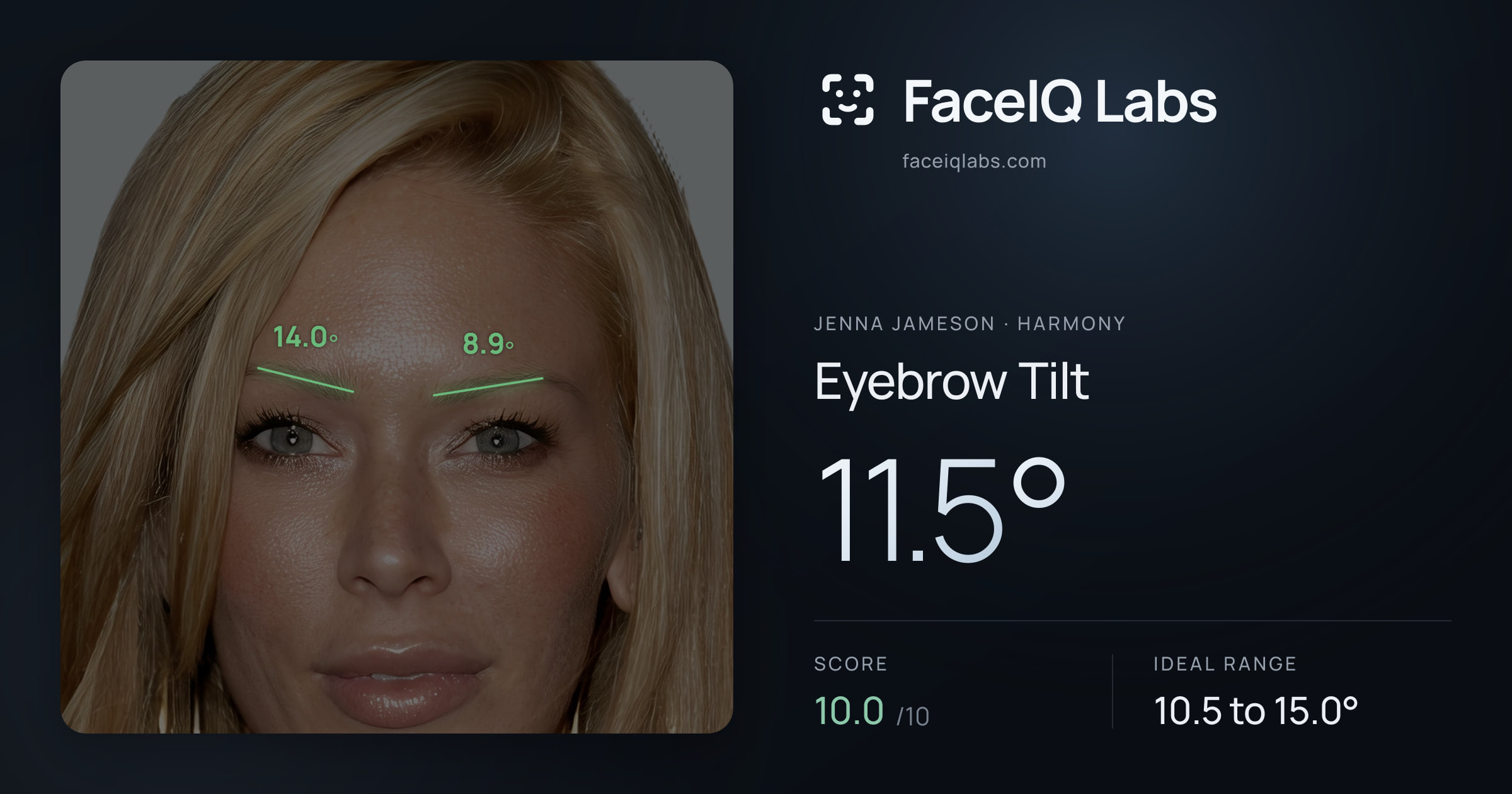 Jenna Jameson Eyebrow Tilt: 11.5°, drawn on the photo