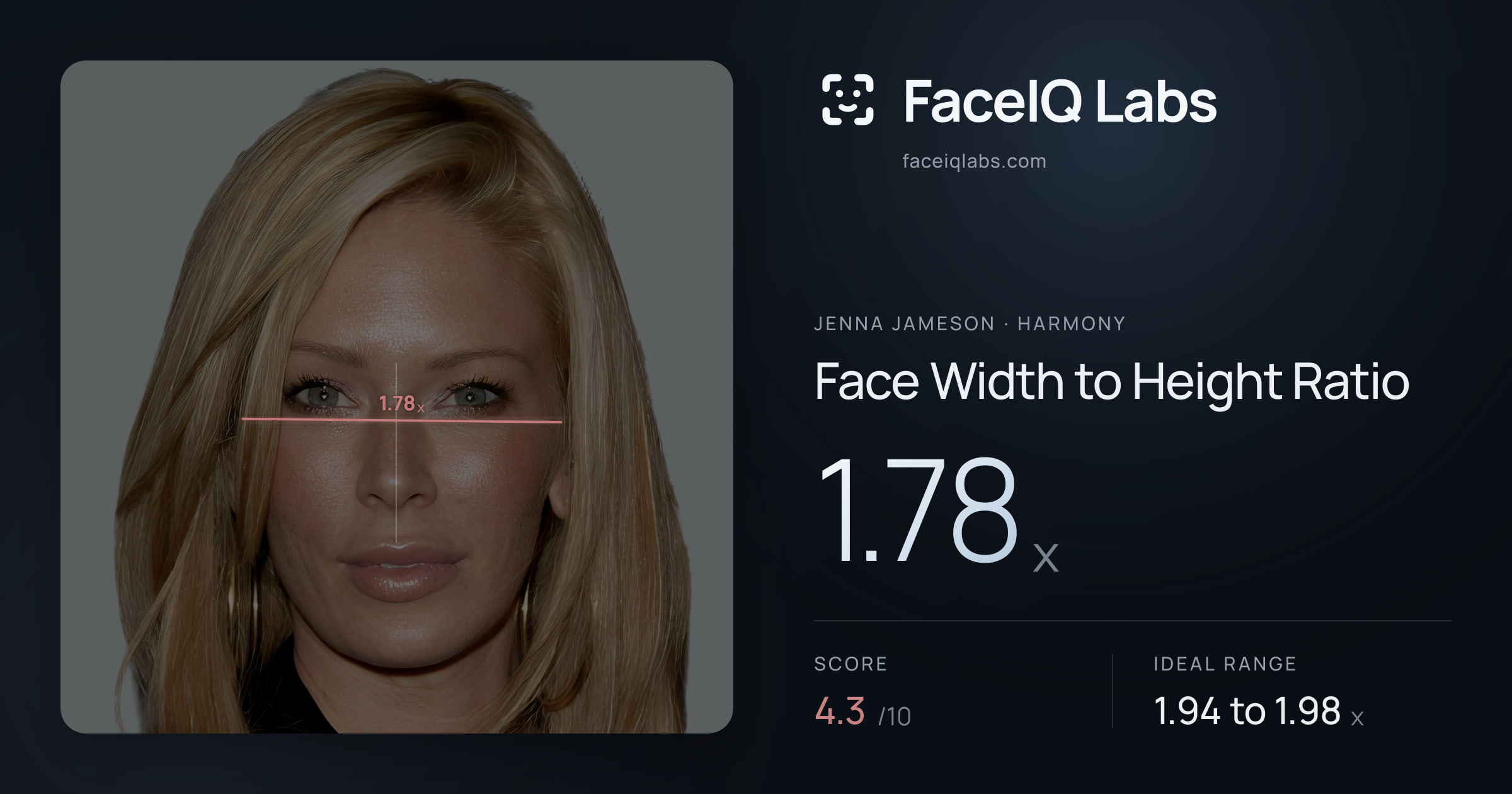 Jenna Jameson Face Width to Height Ratio: 1.78x, drawn on the photo
