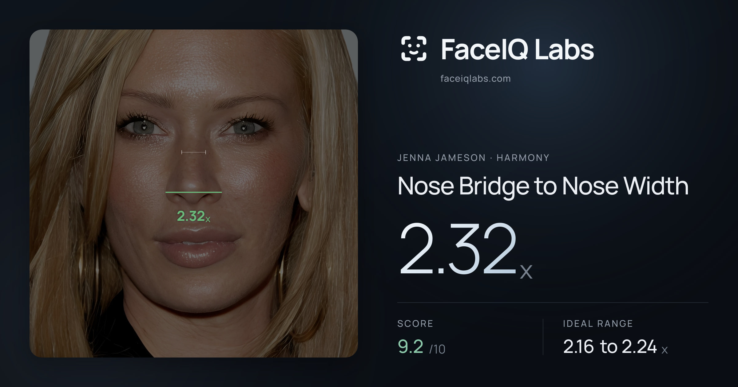 Jenna Jameson Nose Bridge to Nose Width: 2.32x, drawn on the photo