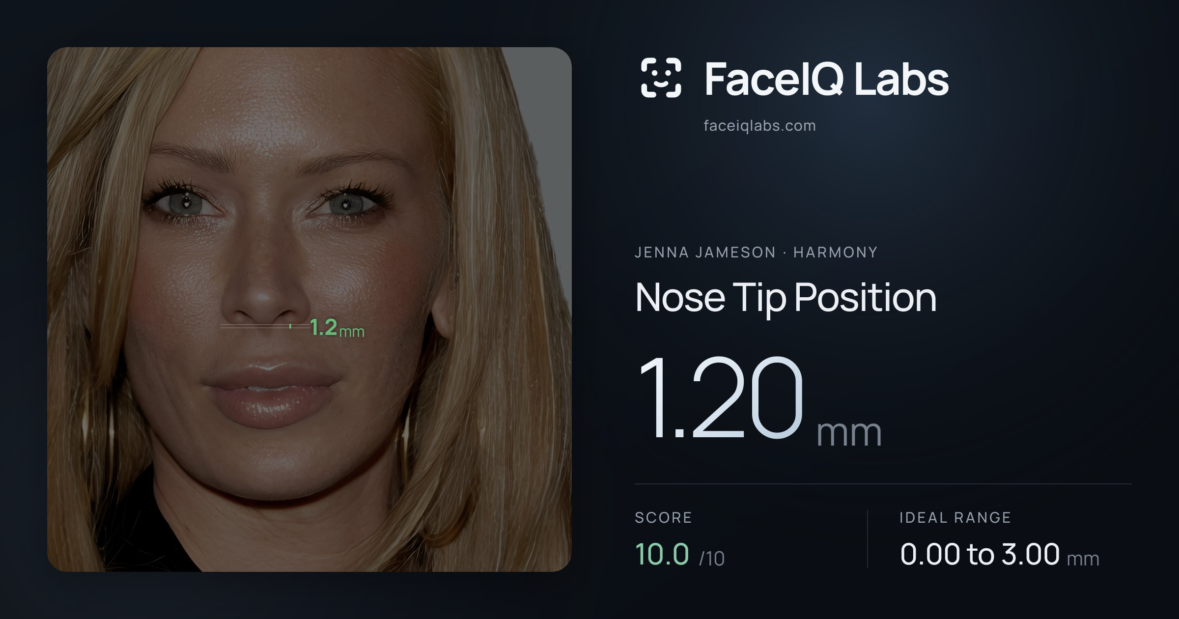 Jenna Jameson Nose Tip Position: 1.20mm, drawn on the photo