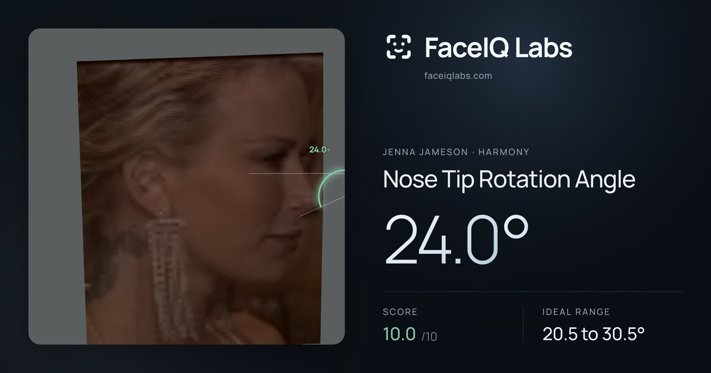 Jenna Jameson Nose Tip Rotation Angle: 24.0°, drawn on the photo