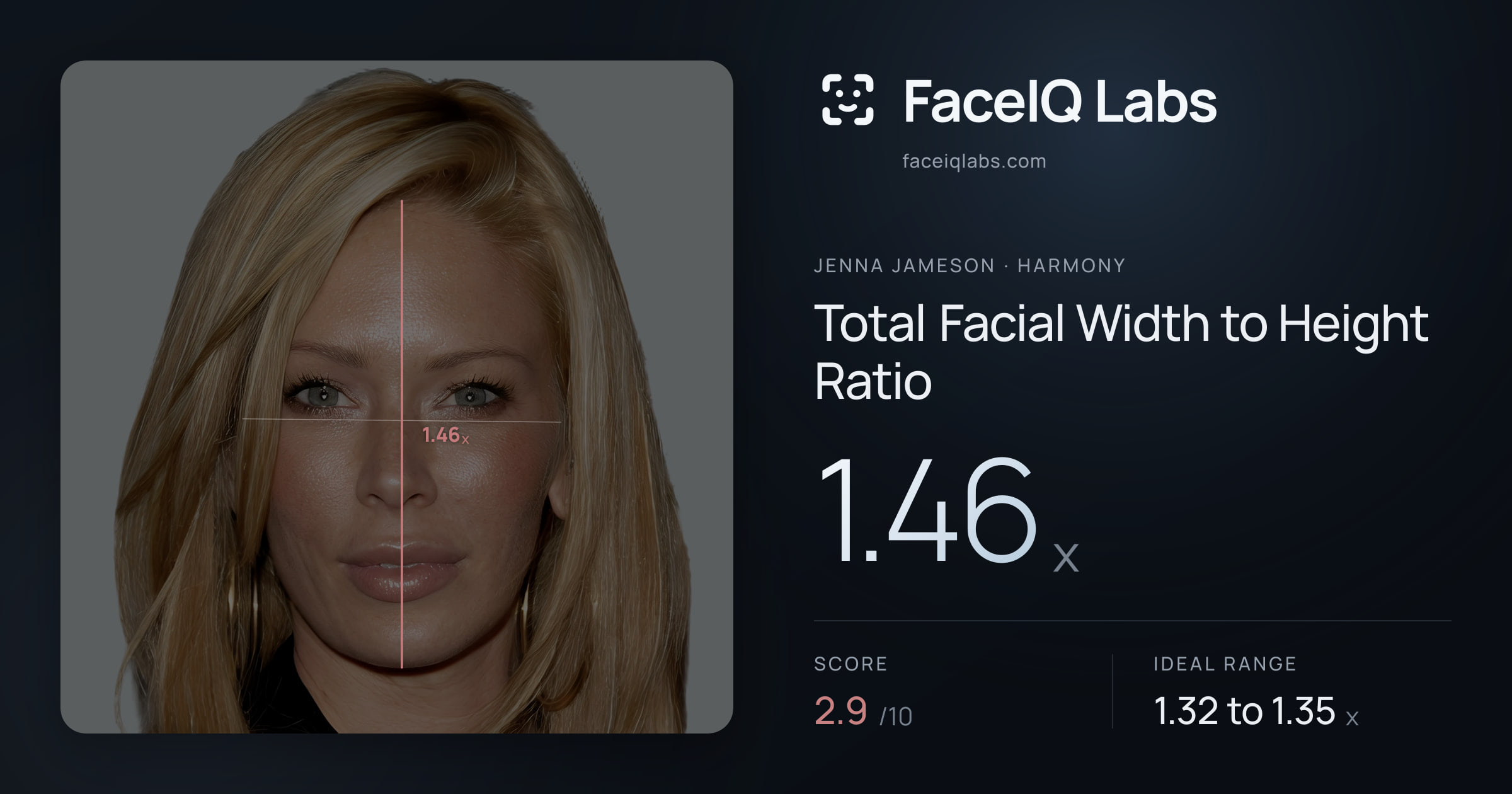 Jenna Jameson Total Facial Width to Height Ratio: 1.46x, drawn on the photo