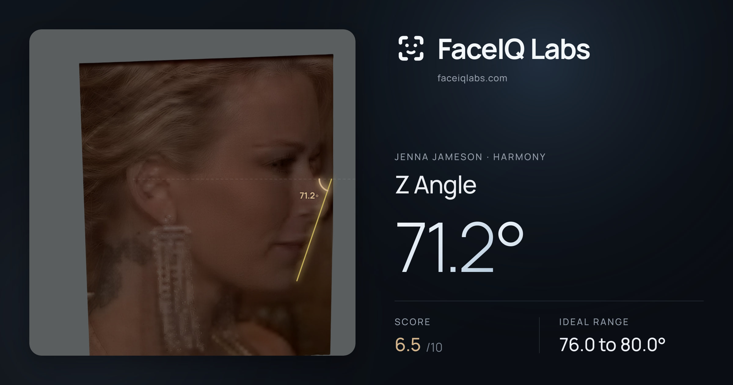 Jenna Jameson Z Angle: 71.2°, drawn on the photo