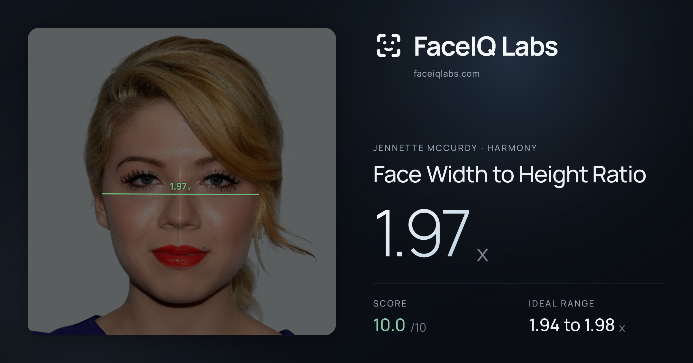 Jennette McCurdy Face Width to Height Ratio: 1.97x, drawn on the photo