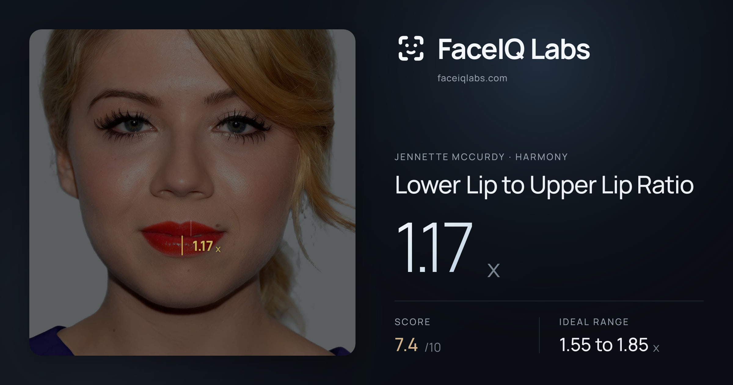 Jennette McCurdy Lower Lip to Upper Lip Ratio: 1.17x, drawn on the photo