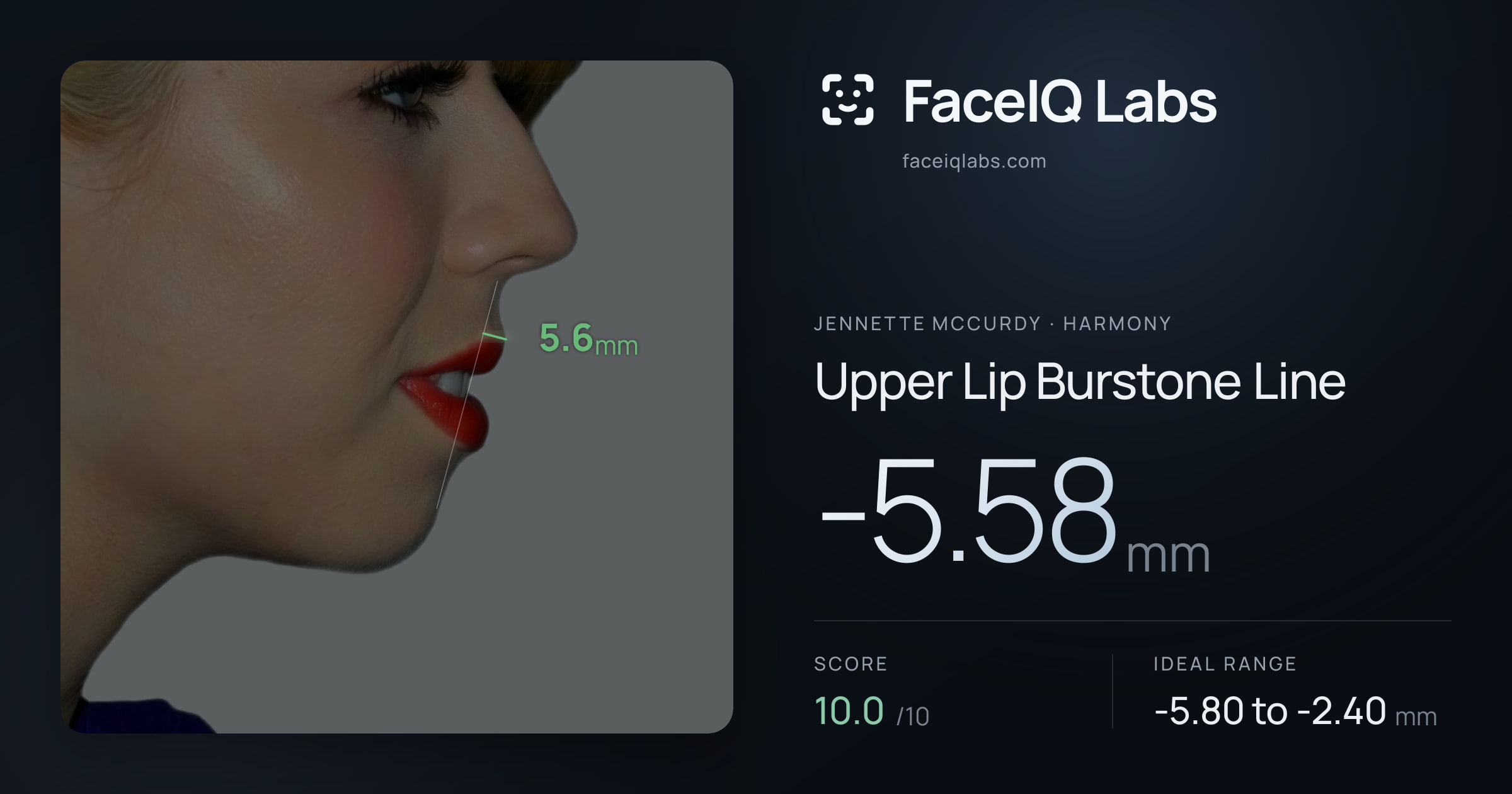 Jennette McCurdy Upper Lip Burstone Line: -5.58mm, drawn on the photo