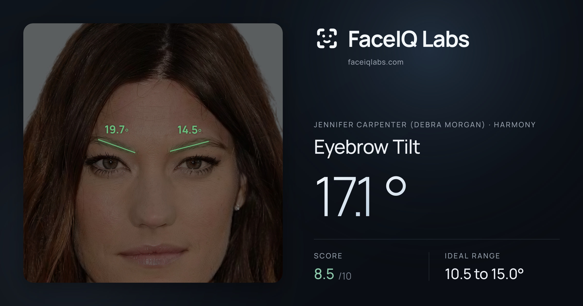 Jennifer Carpenter (Debra Morgan) Eyebrow Tilt: 17.1°, drawn on the photo