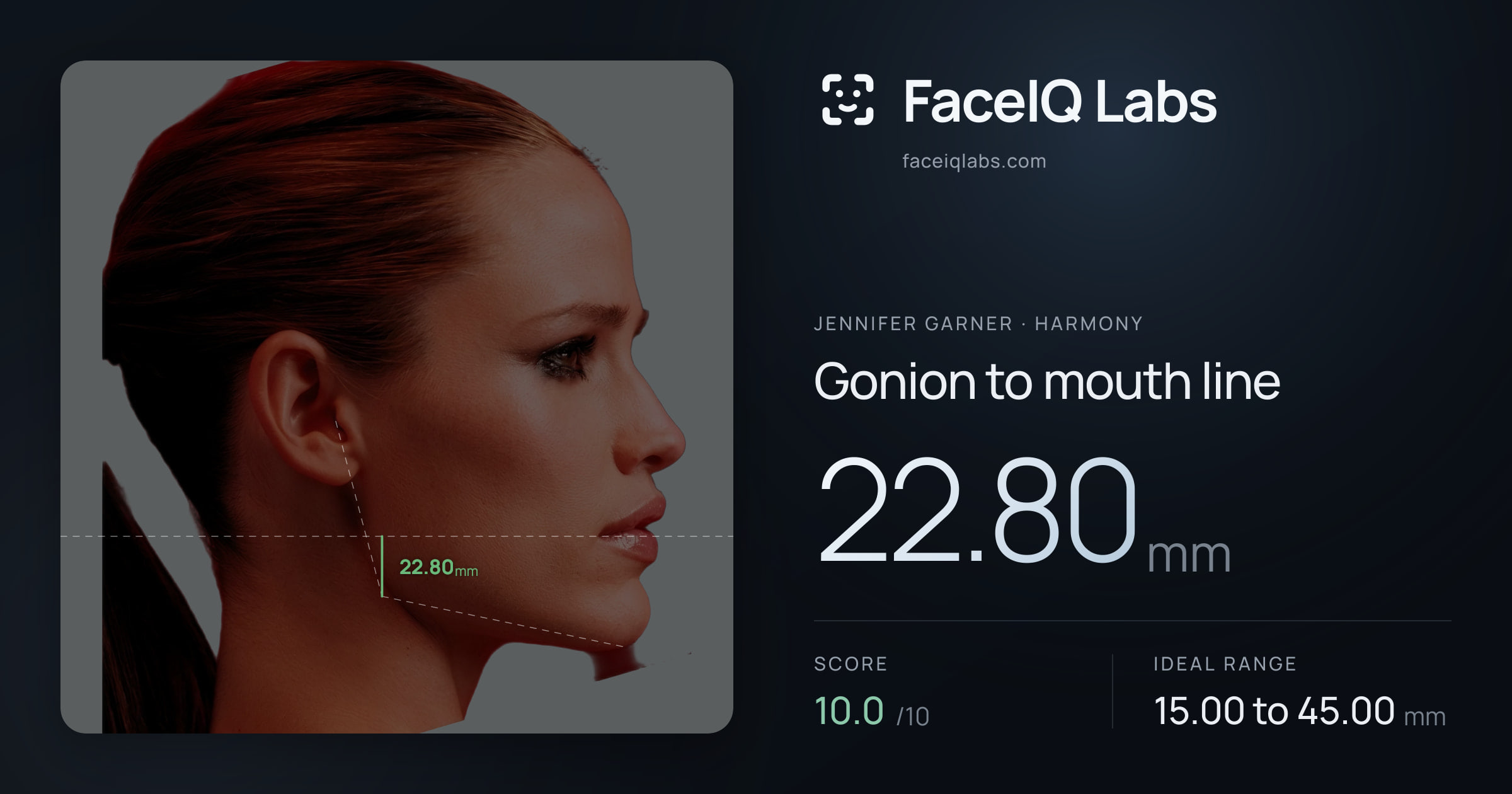 Jennifer Garner Gonion to mouth line: 22.80mm, drawn on the photo