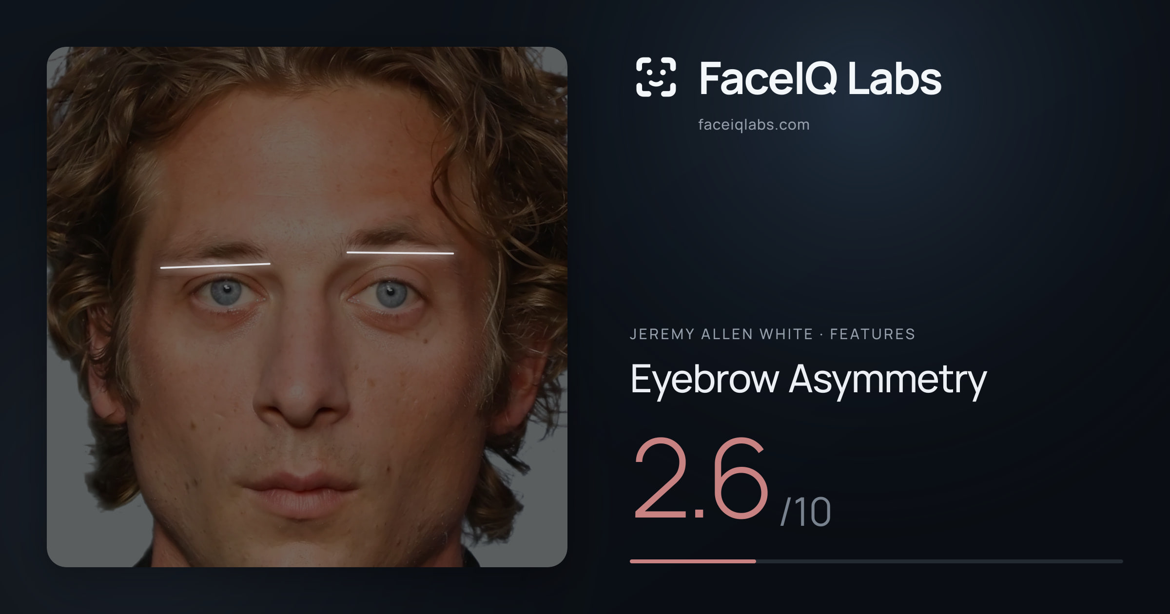 Jeremy Allen White Eyebrow Asymmetry: 2.6/10, drawn on the photo