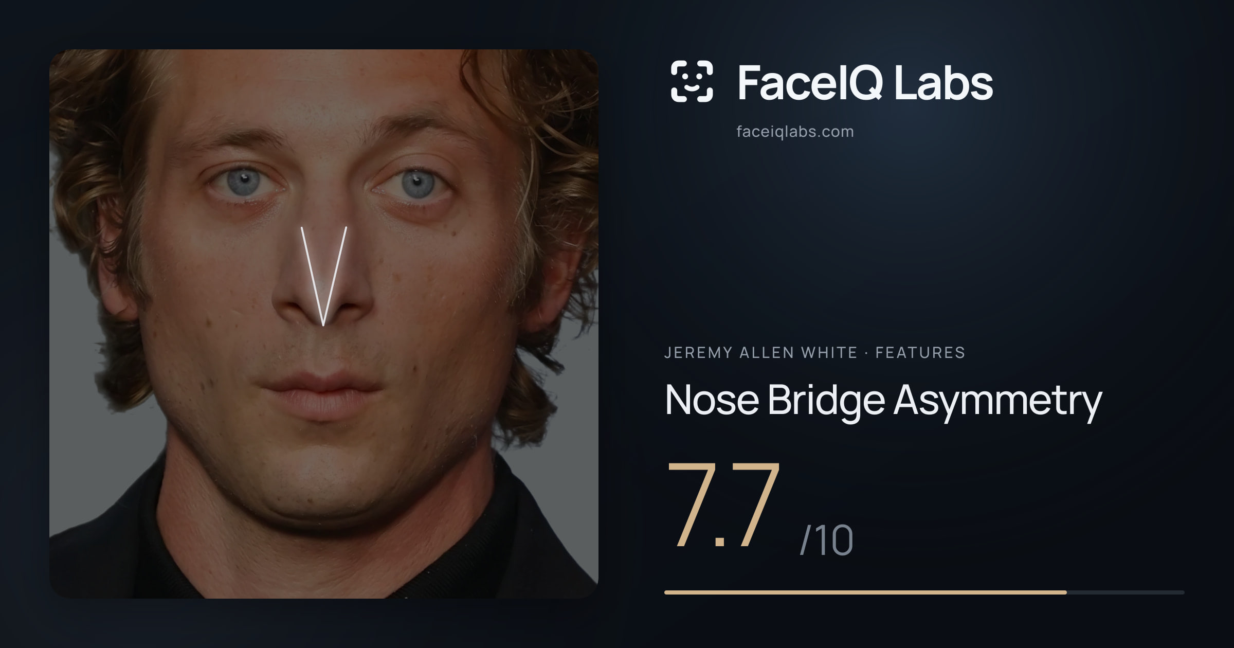 Jeremy Allen White Nose Bridge Asymmetry: 7.7/10, drawn on the photo
