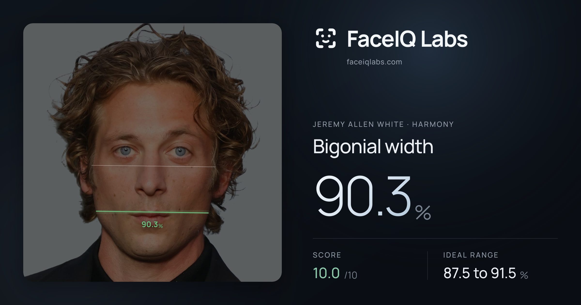 Jeremy Allen White Bigonial width: 90.3%, drawn on the photo