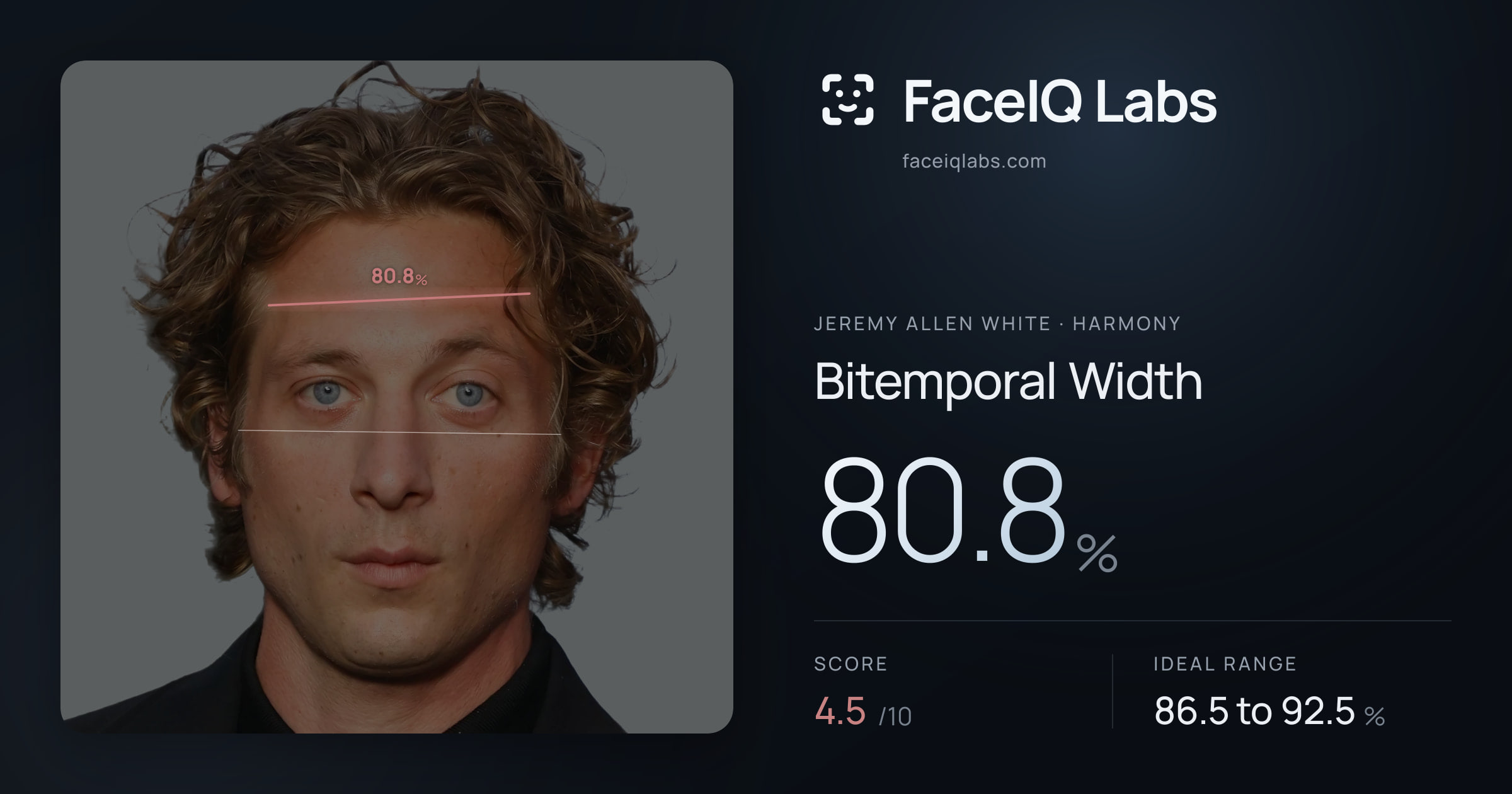 Jeremy Allen White Bitemporal Width: 80.8%, drawn on the photo