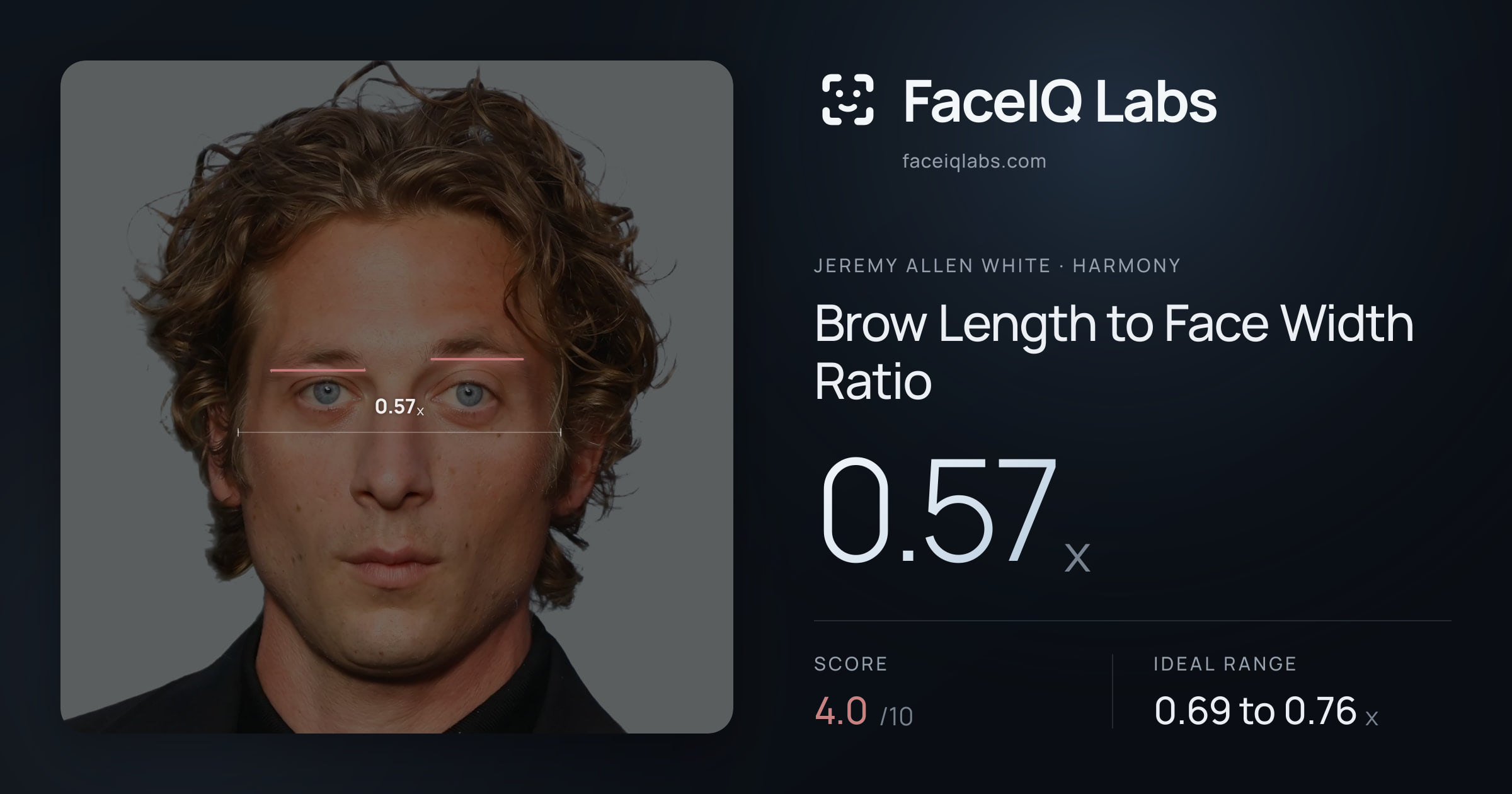 Jeremy Allen White Brow Length to Face Width Ratio: 0.57x, drawn on the photo
