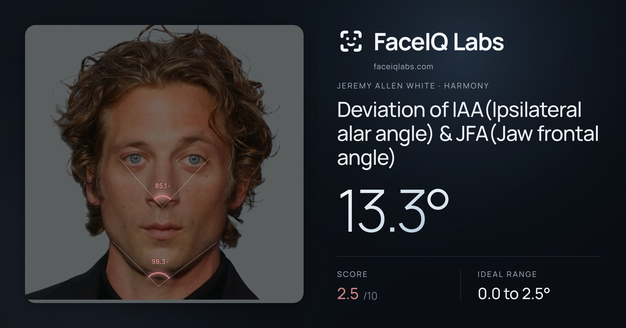 Jeremy Allen White Deviation of IAA(Ipsilateral alar angle) & JFA(Jaw frontal angle): 13.3°, drawn on the photo