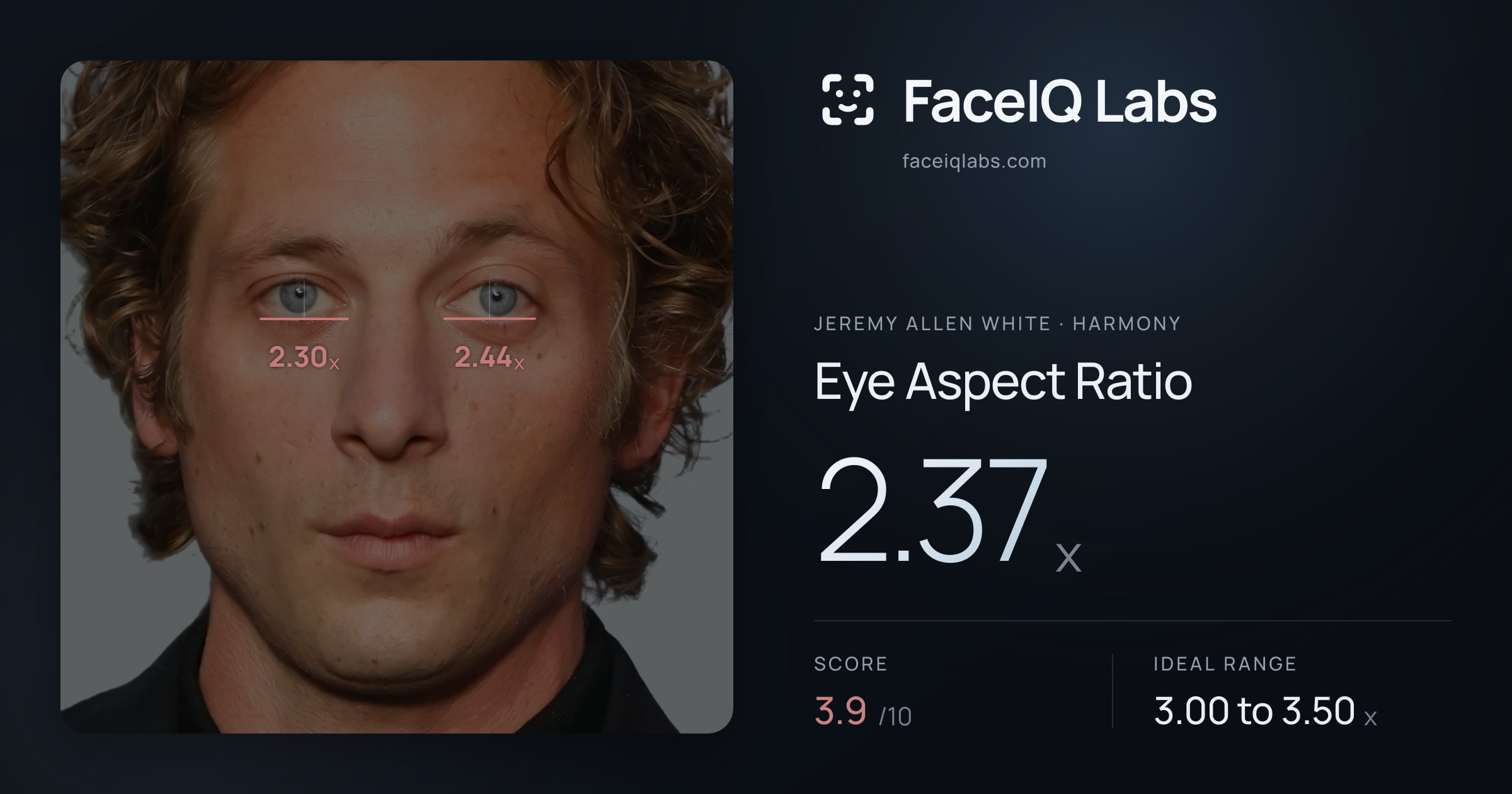 Jeremy Allen White Eye Aspect Ratio: 2.37x, drawn on the photo