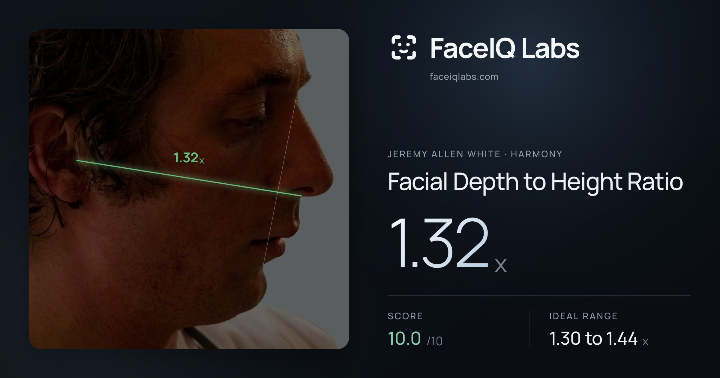 Jeremy Allen White Facial Depth to Height Ratio: 1.32x, drawn on the photo
