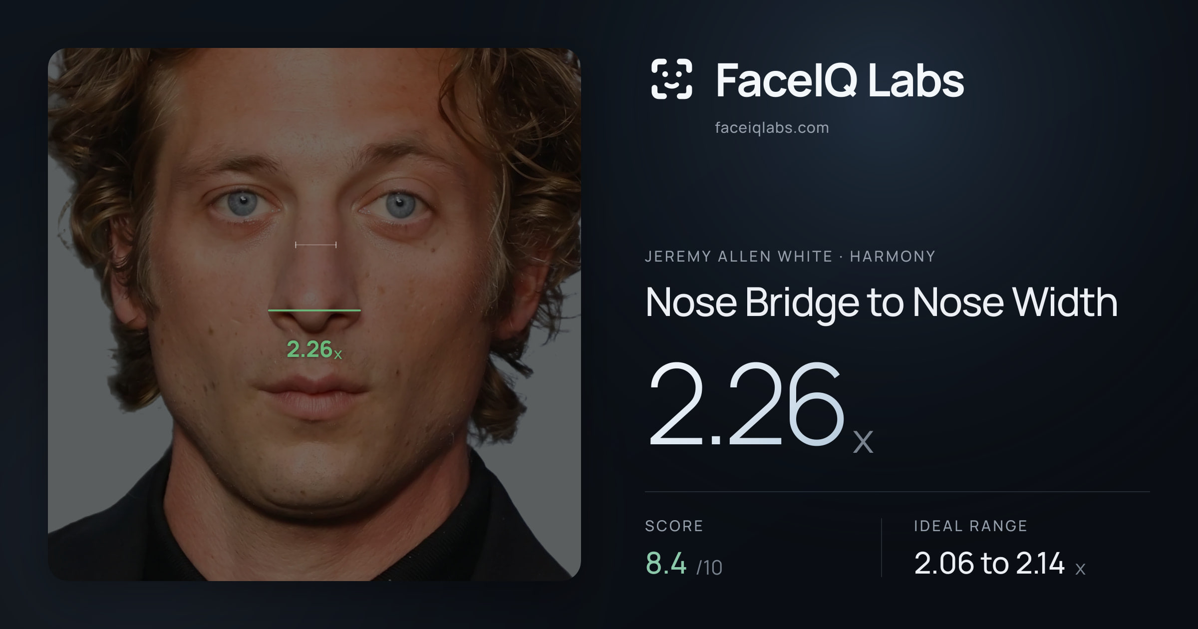 Jeremy Allen White Nose Bridge to Nose Width: 2.26x, drawn on the photo