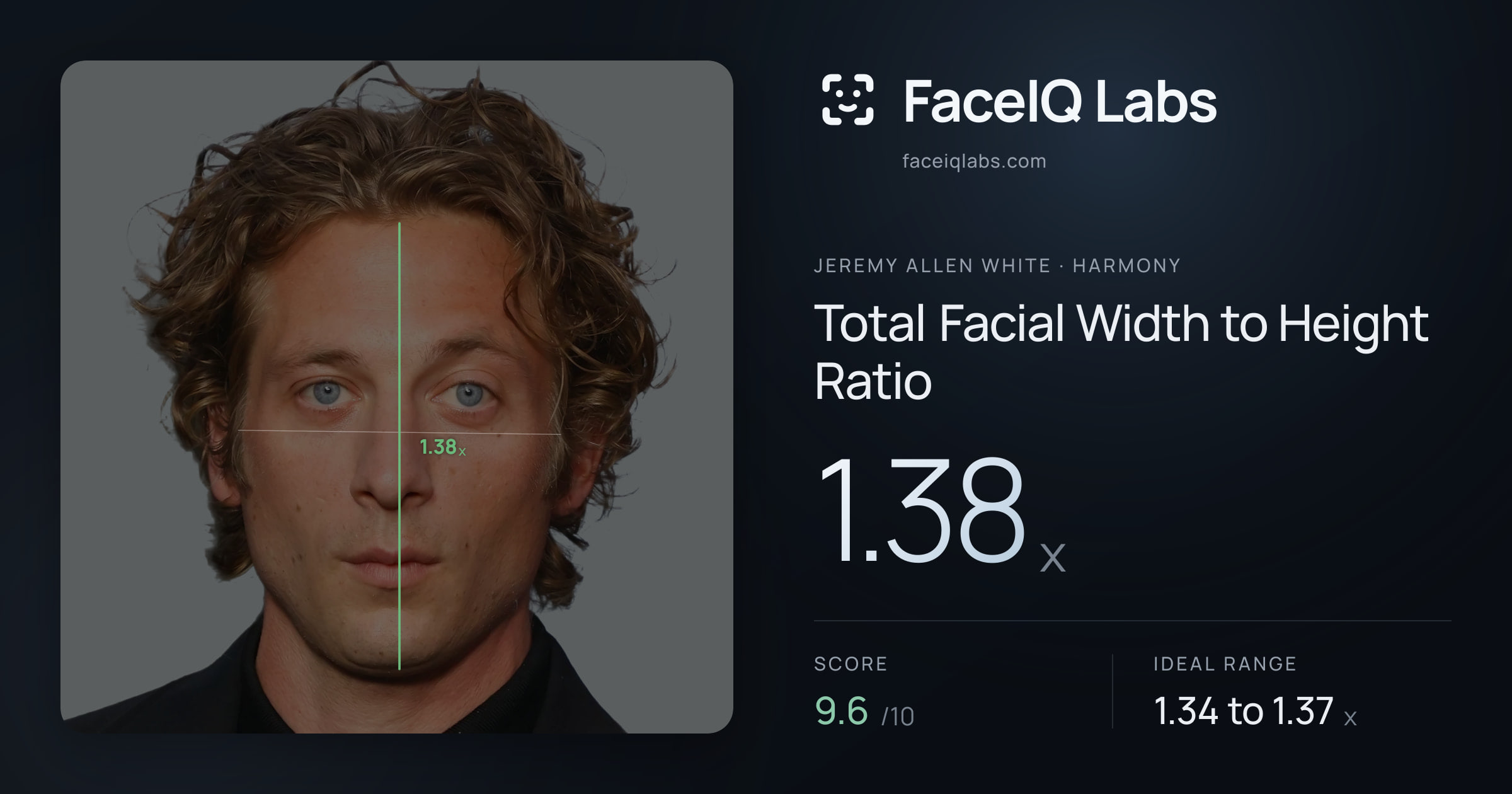Jeremy Allen White Total Facial Width to Height Ratio: 1.38x, drawn on the photo