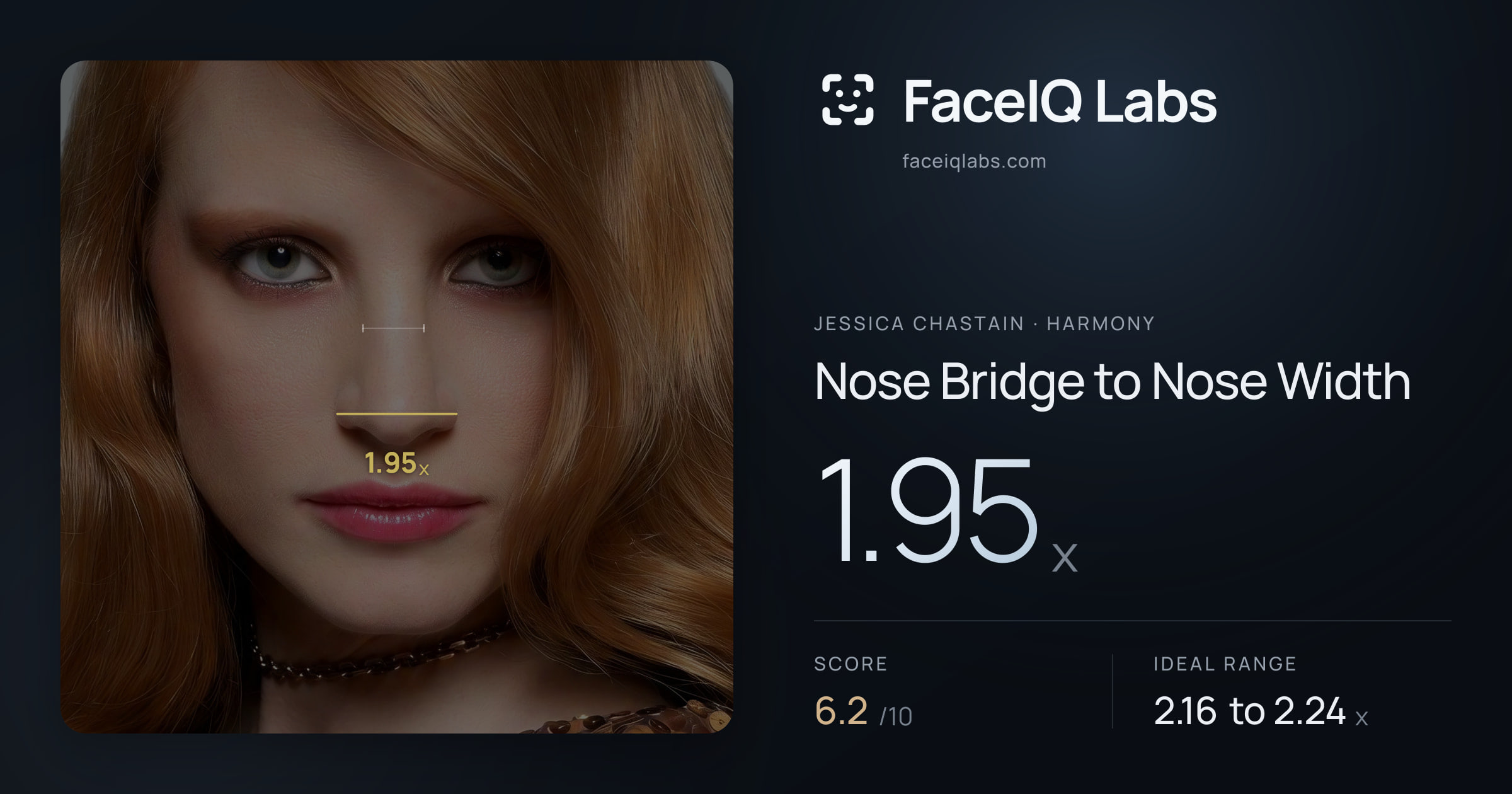 Jessica Chastain Nose Bridge to Nose Width: 1.95x, drawn on the photo