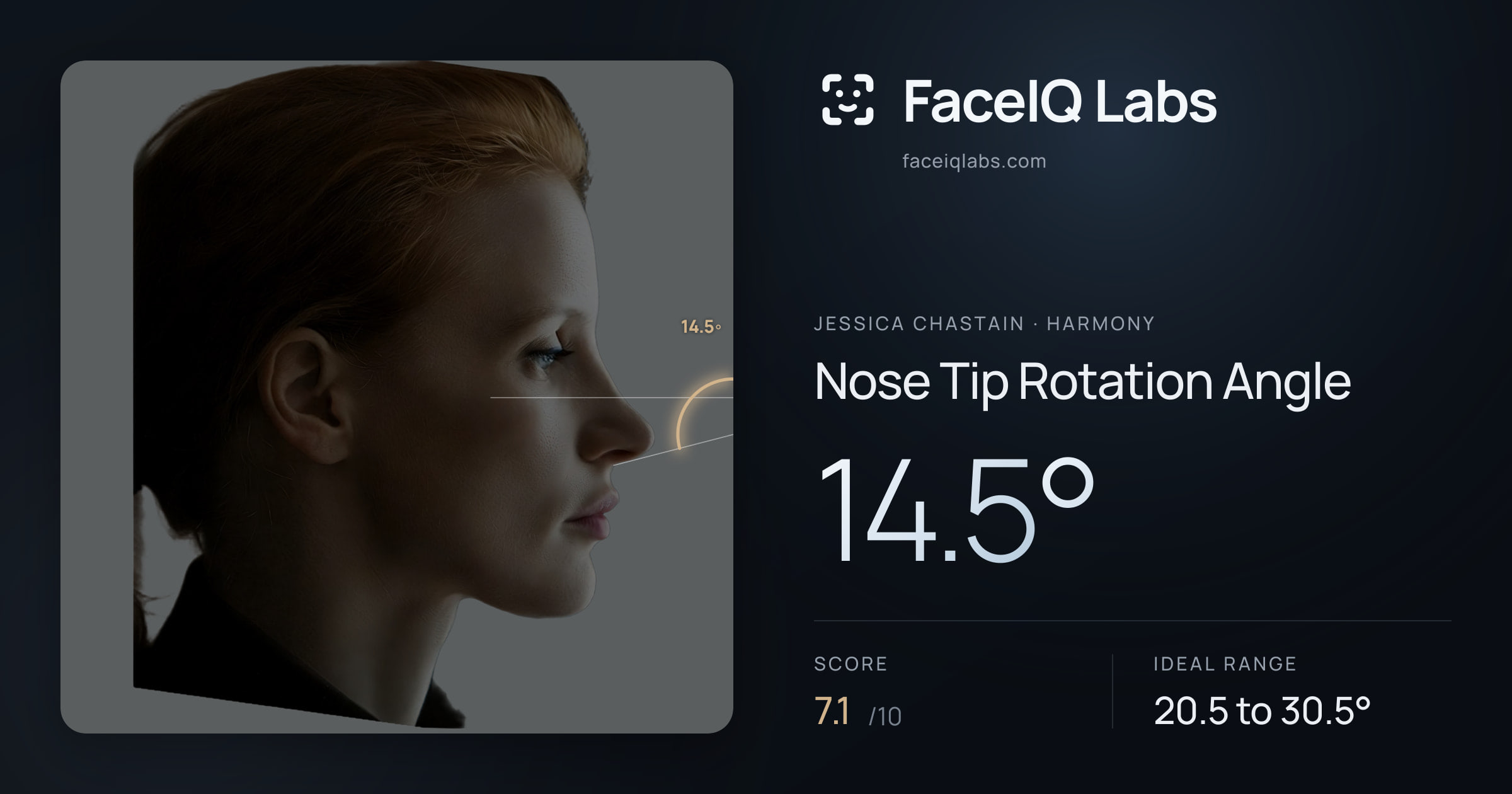 Jessica Chastain Nose Tip Rotation Angle: 14.5°, drawn on the photo