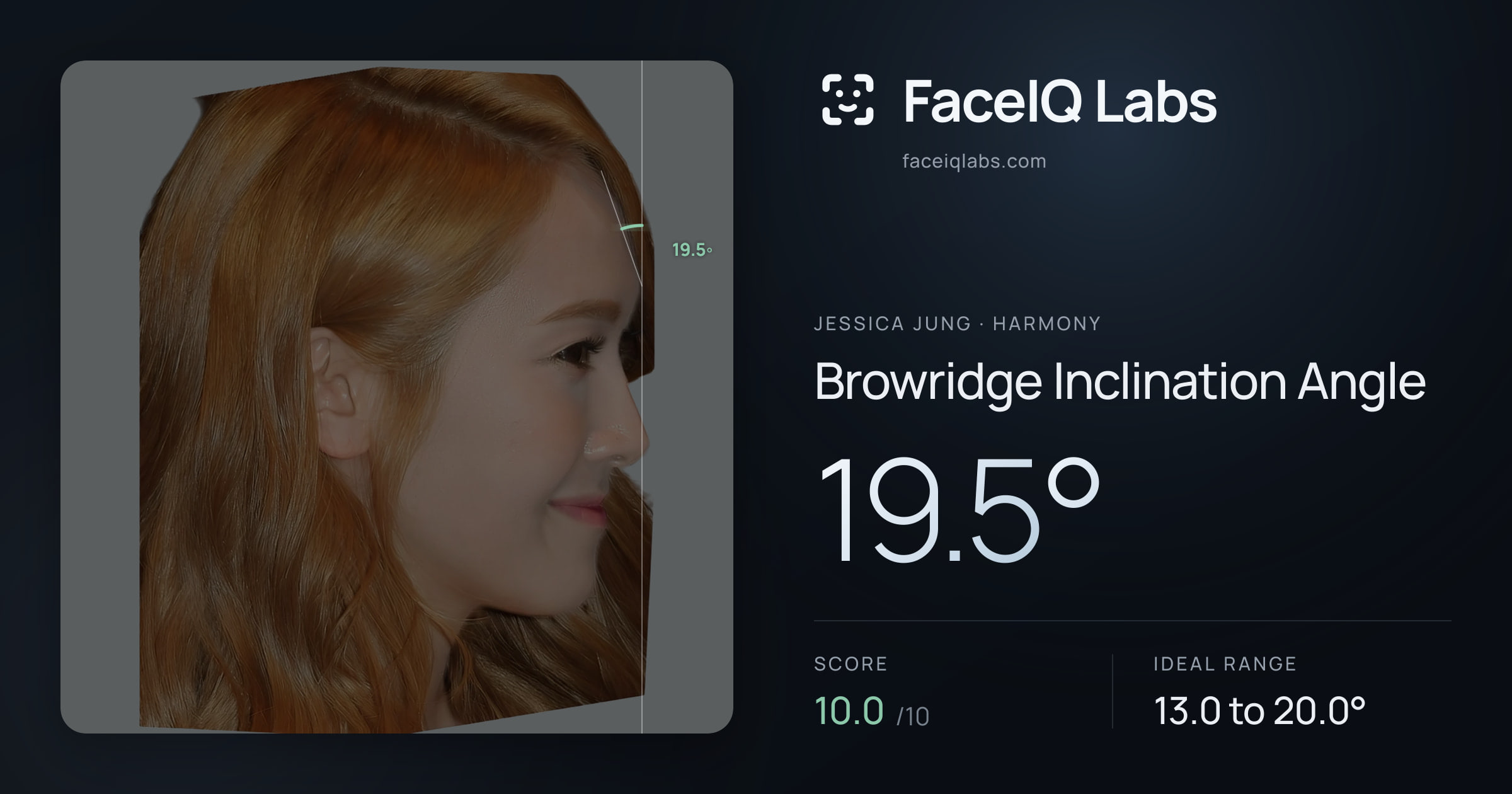 Jessica Jung Browridge Inclination Angle: 19.5°, drawn on the photo