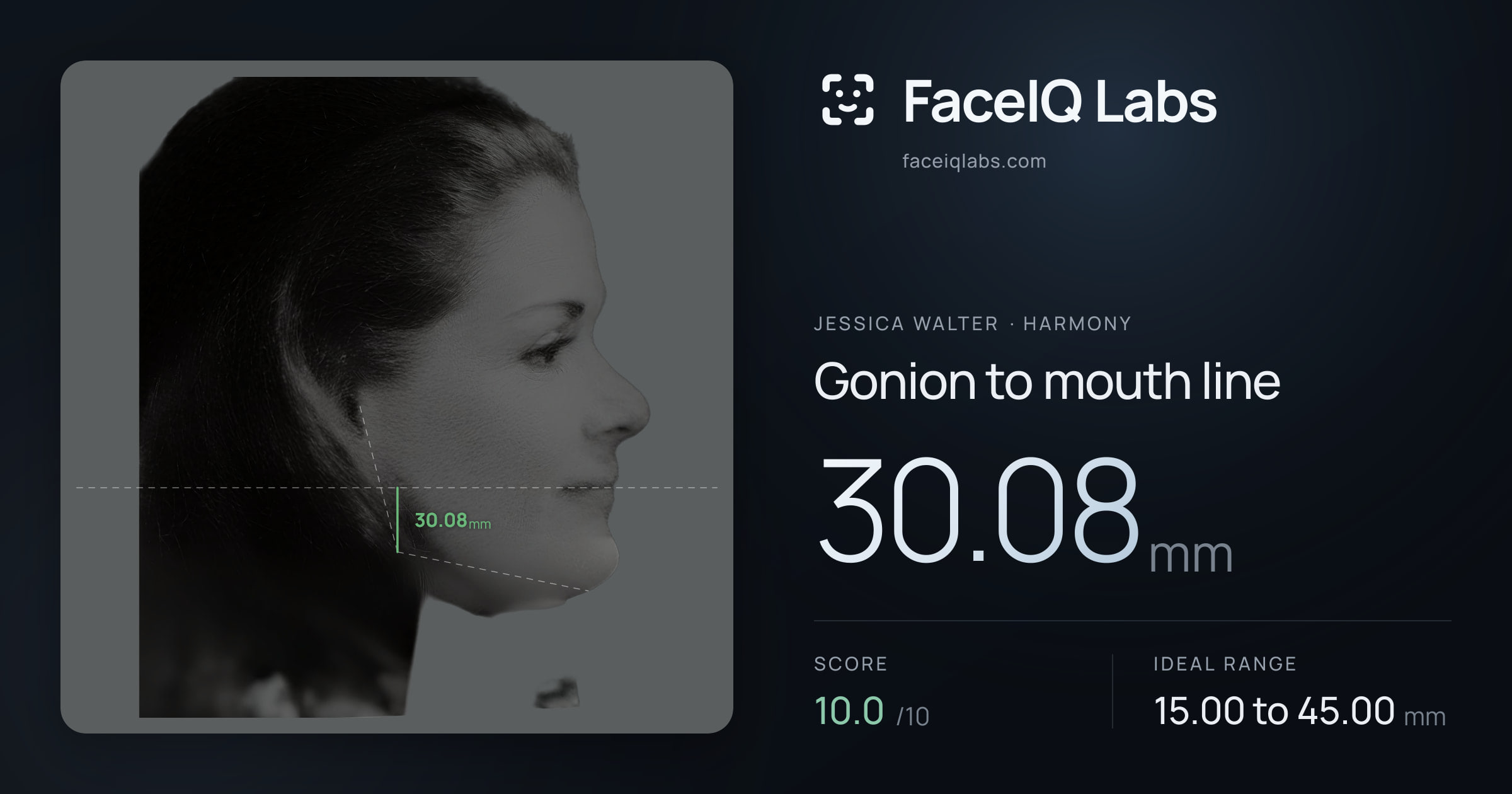 Jessica Walter Gonion to mouth line: 30.08mm, drawn on the photo