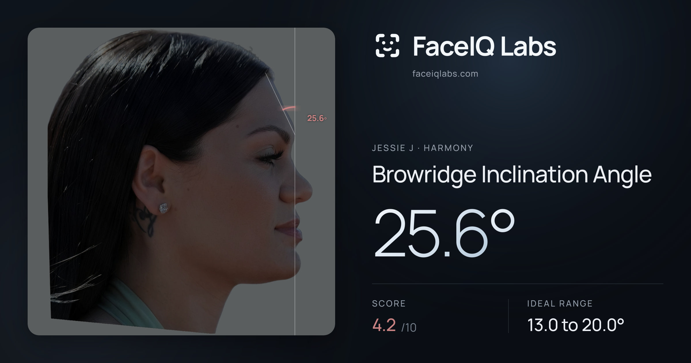 Jessie J Browridge Inclination Angle: 25.6°, drawn on the photo
