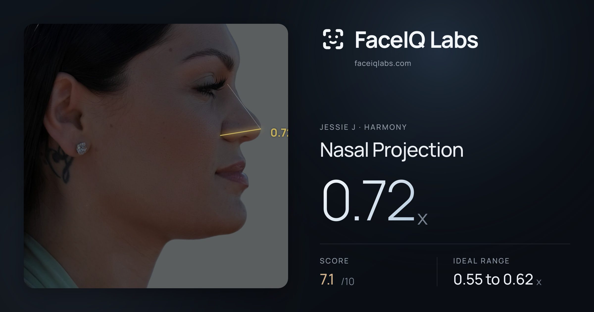 Jessie J Nasal Projection: 0.72x, drawn on the photo