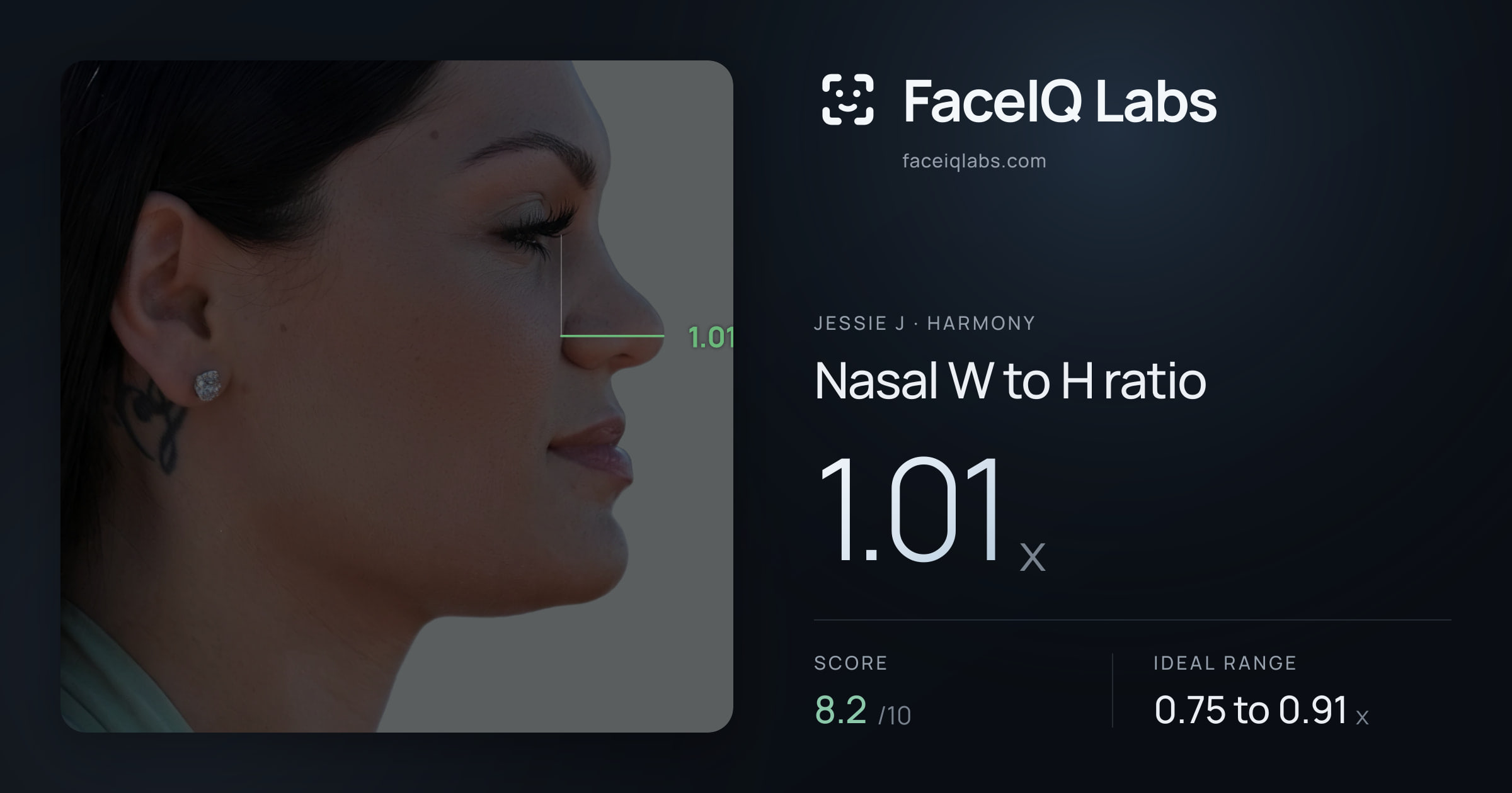 Jessie J Nasal W to H ratio: 1.01x, drawn on the photo