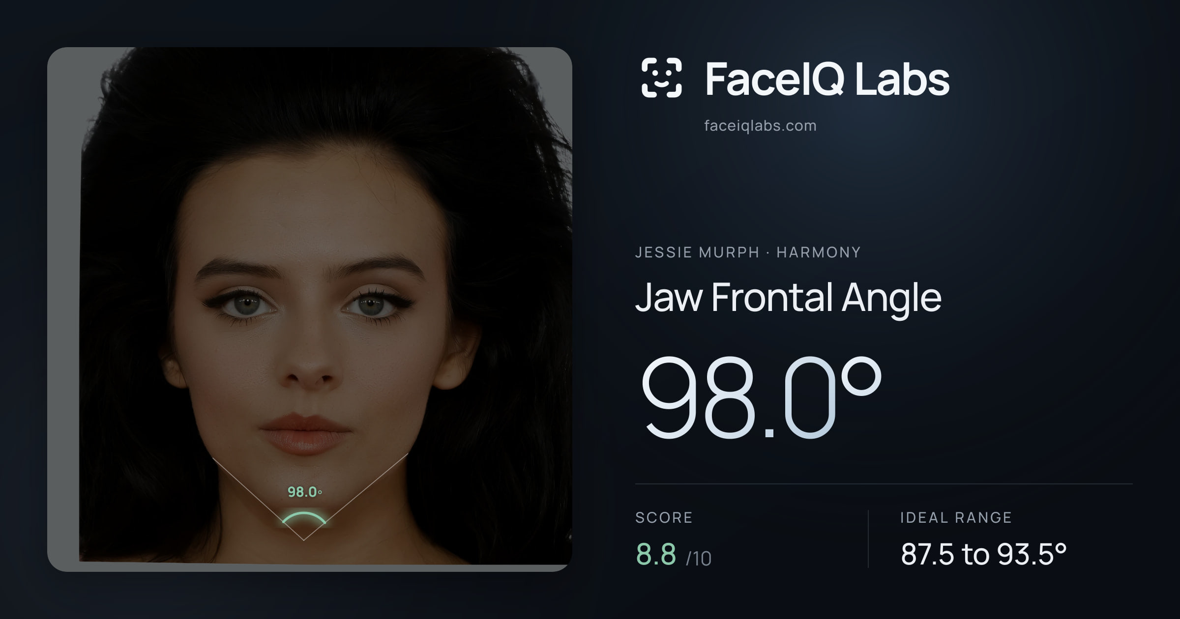Jessie Murph Jaw Frontal Angle: 98.0°, drawn on the photo