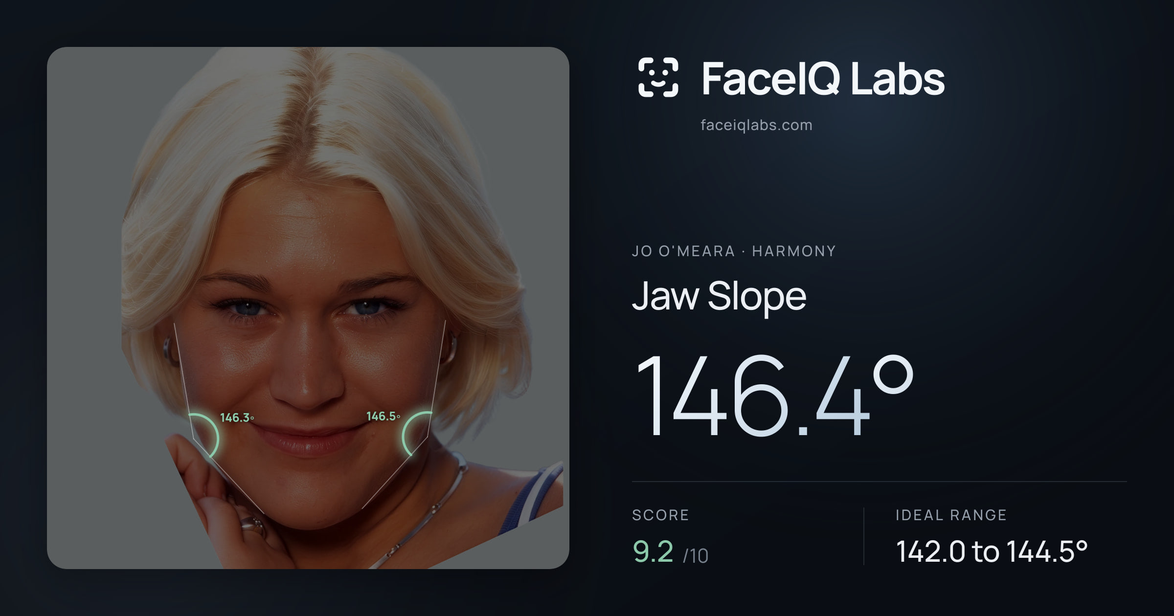 Jo O'Meara Jaw Slope: 146.4°, drawn on the photo