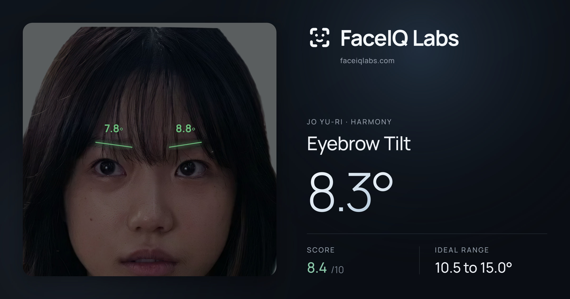 Jo Yu-ri Eyebrow Tilt: 8.3°, drawn on the photo