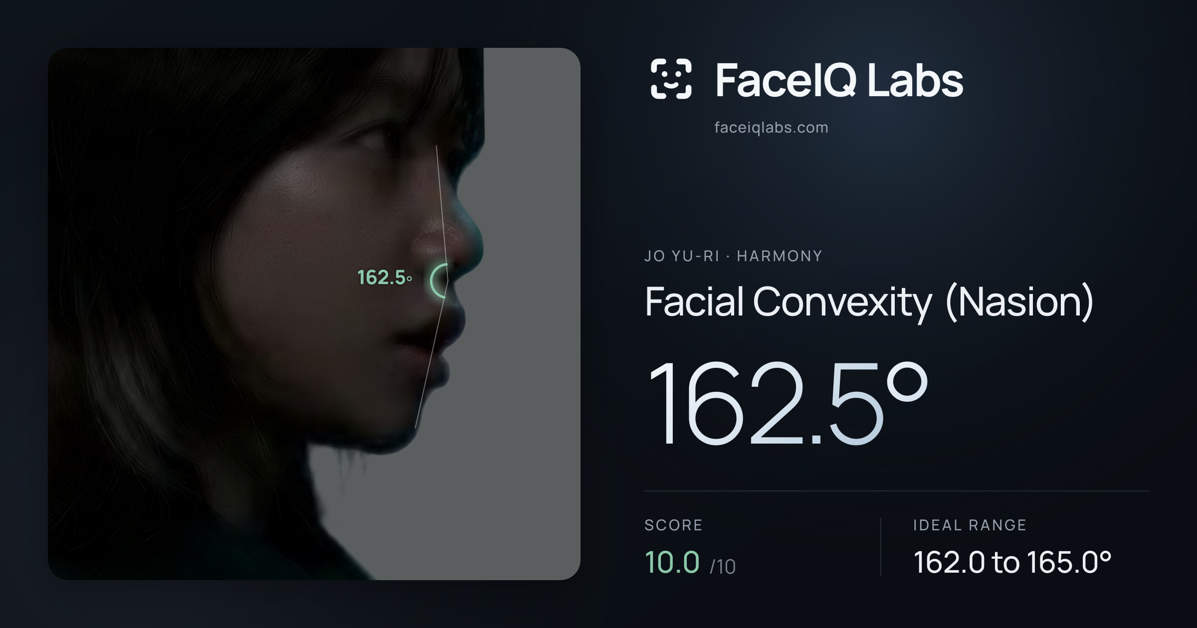 Jo Yu-ri Facial Convexity (Nasion): 162.5°, drawn on the photo