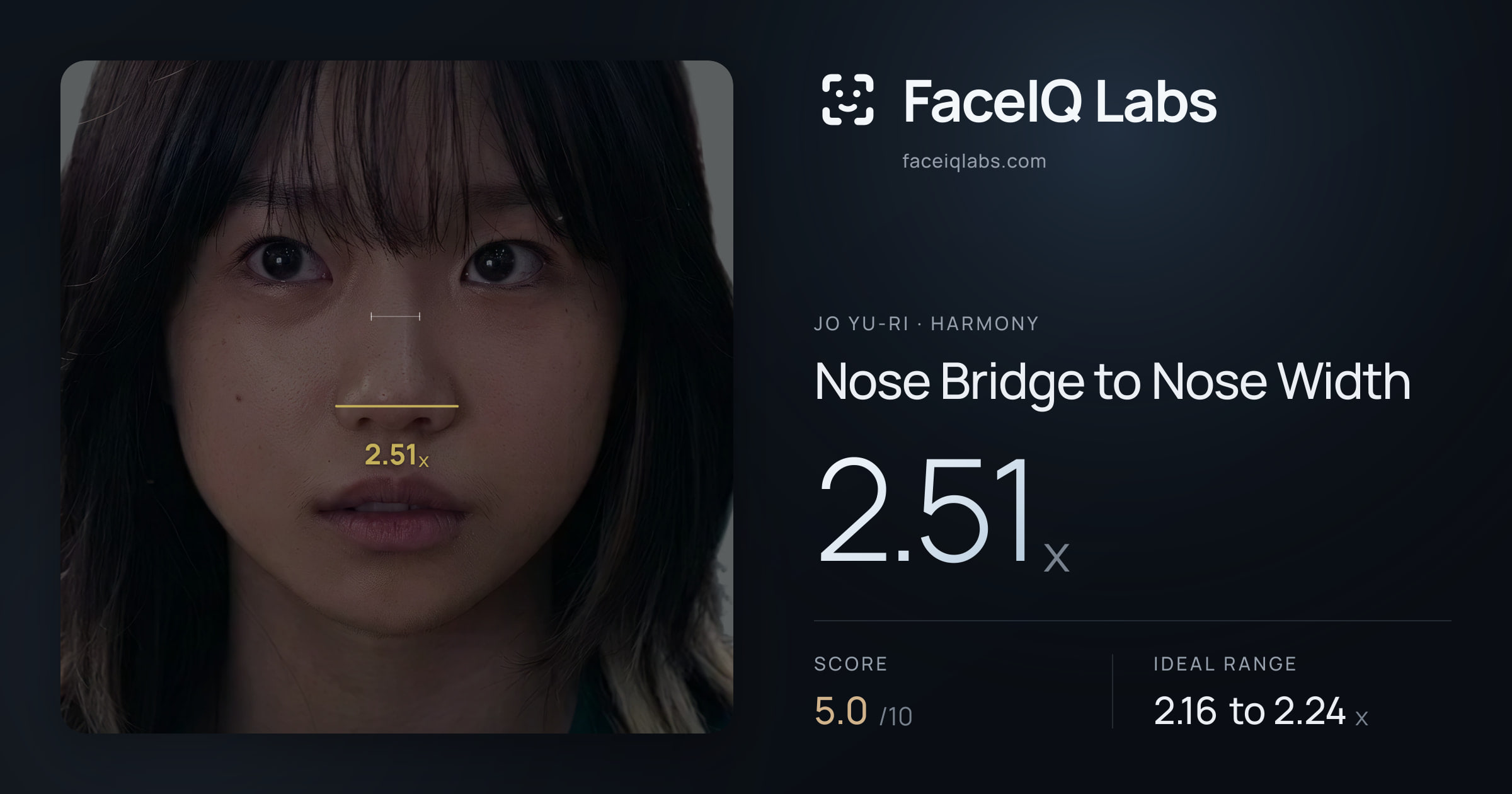 Jo Yu-ri Nose Bridge to Nose Width: 2.51x, drawn on the photo