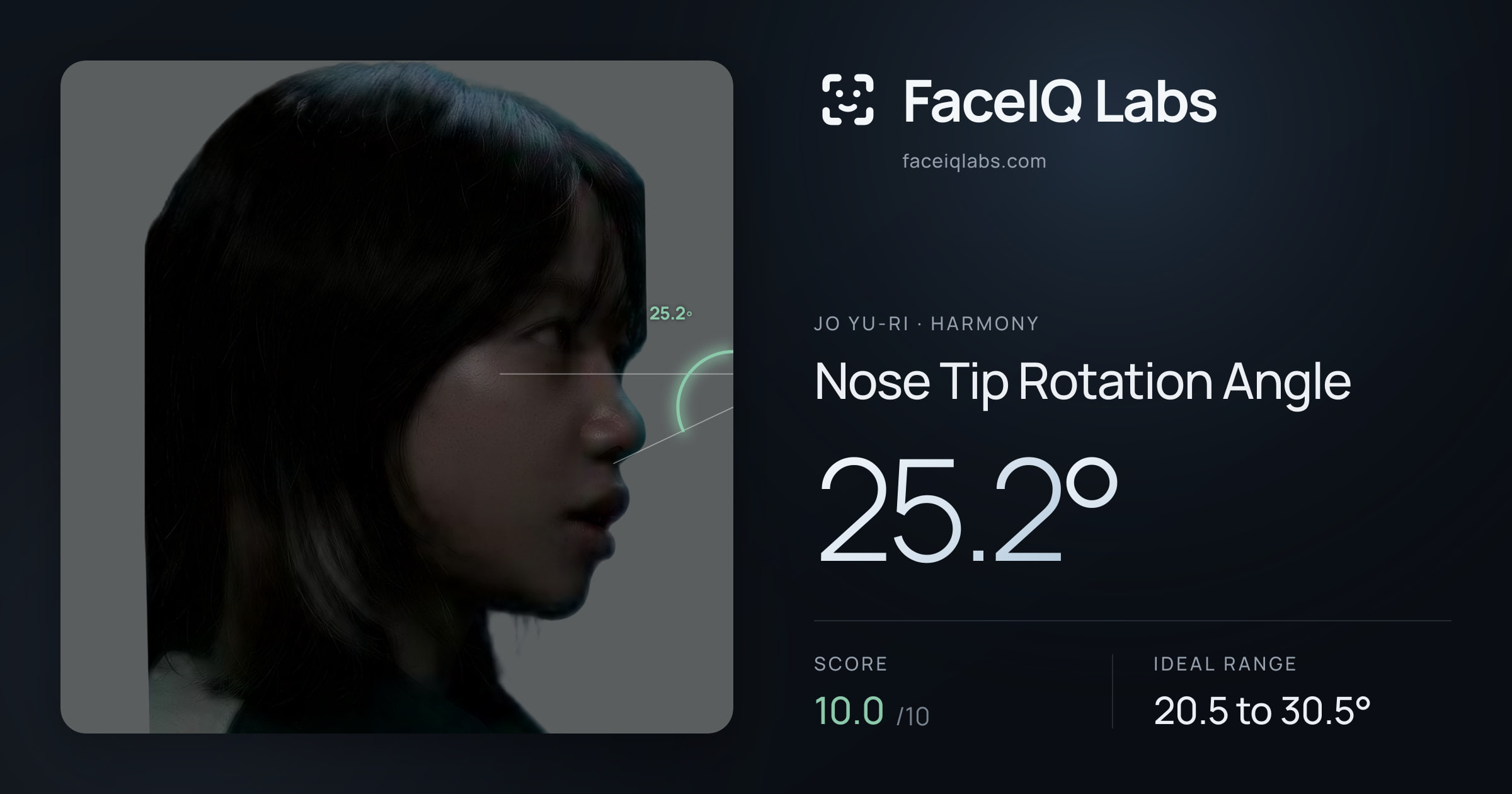 Jo Yu-ri Nose Tip Rotation Angle: 25.2°, drawn on the photo