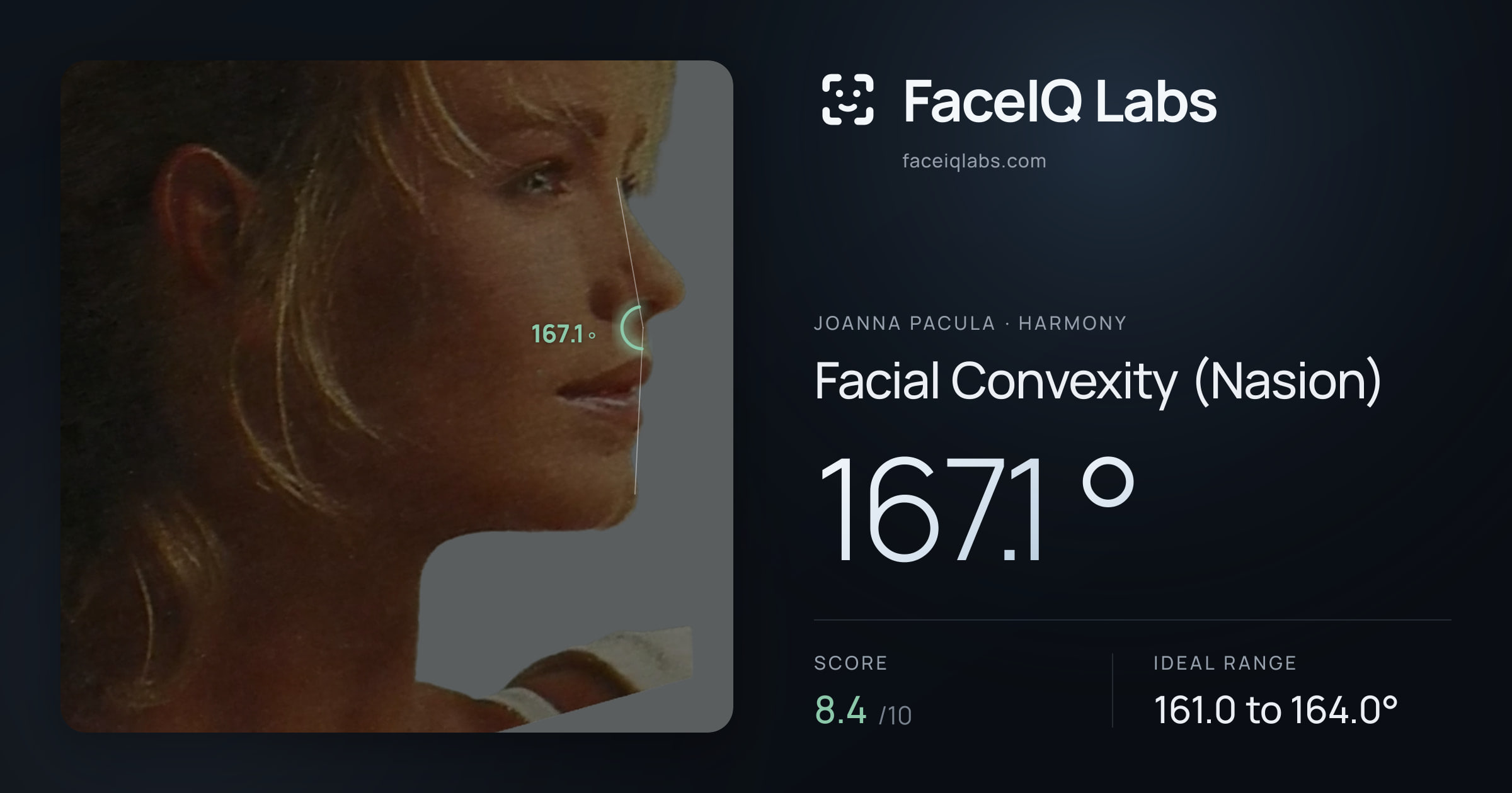 Joanna Pacula Facial Convexity (Nasion): 167.1°, drawn on the photo