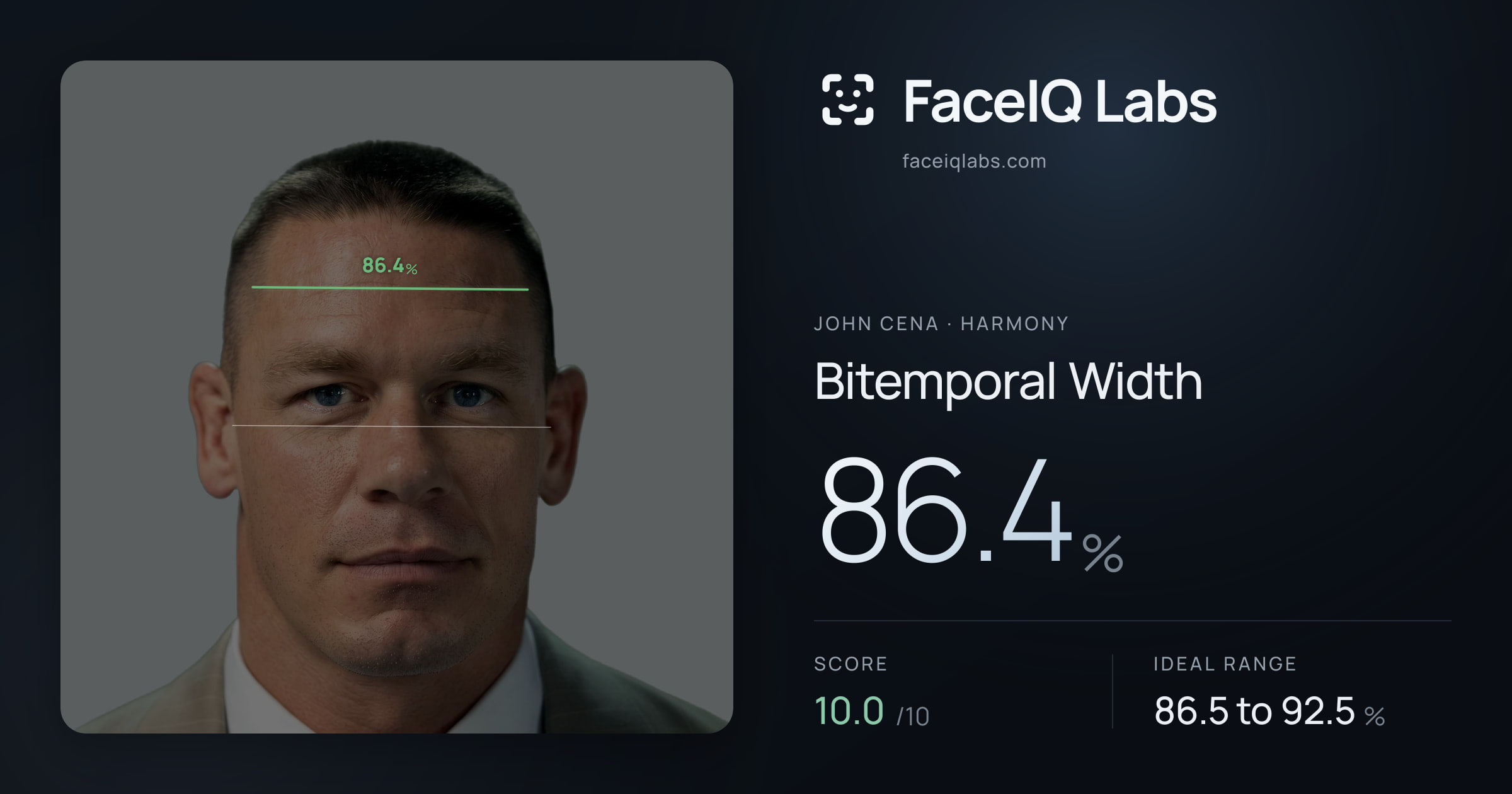 John Cena Bitemporal Width: 86.4%, drawn on the photo