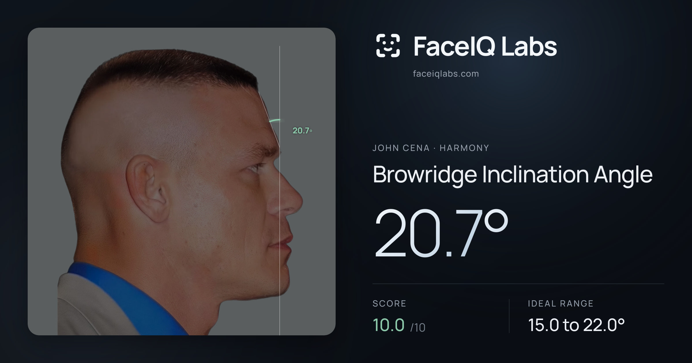 John Cena Browridge Inclination Angle: 20.7°, drawn on the photo
