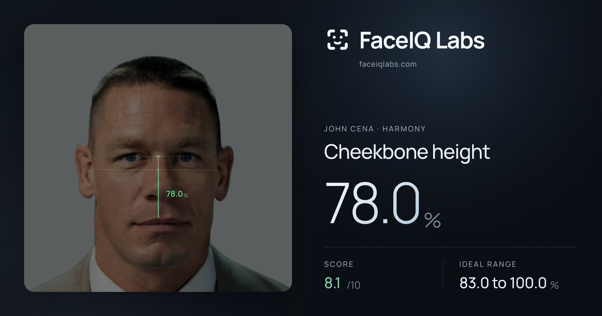 John Cena Cheekbone height: 78.0%, drawn on the photo