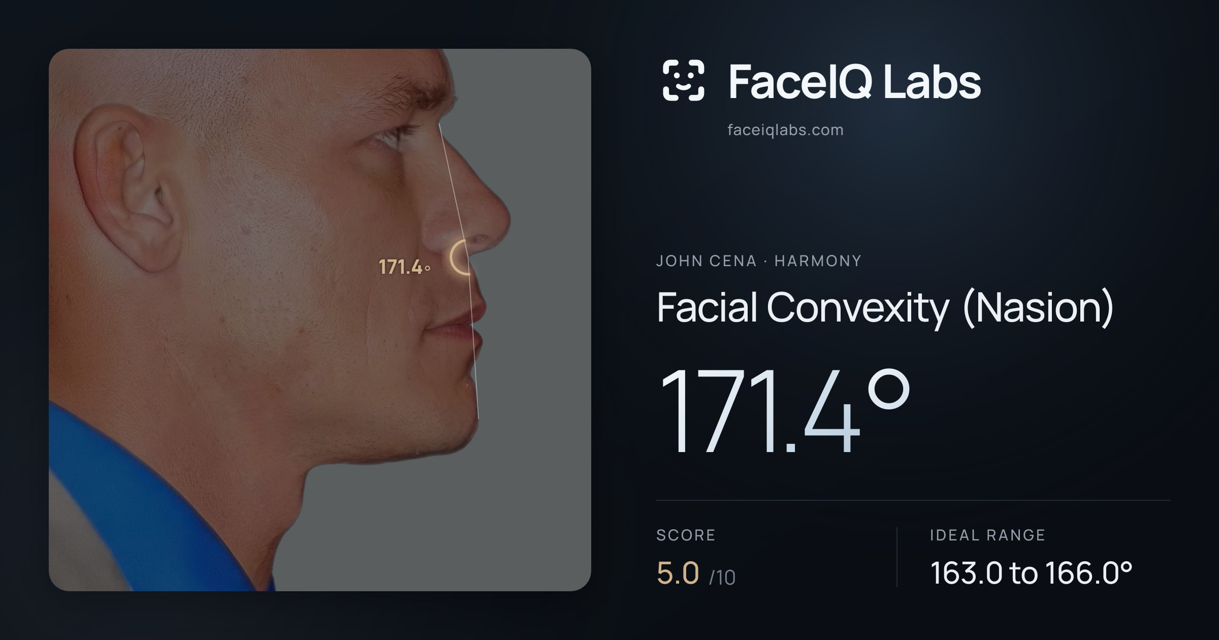 John Cena Facial Convexity (Nasion): 171.4°, drawn on the photo