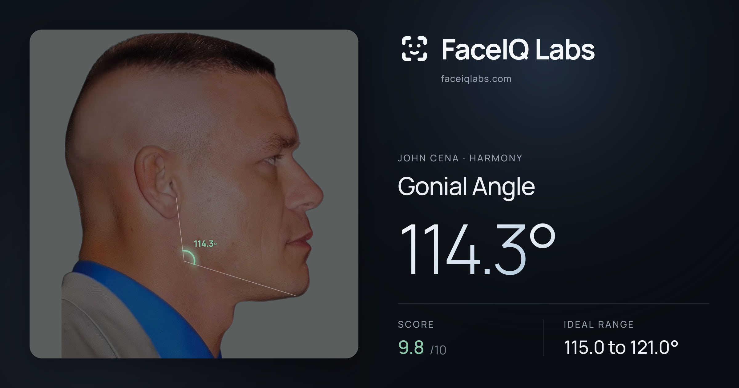 John Cena Gonial Angle: 114.3°, drawn on the photo