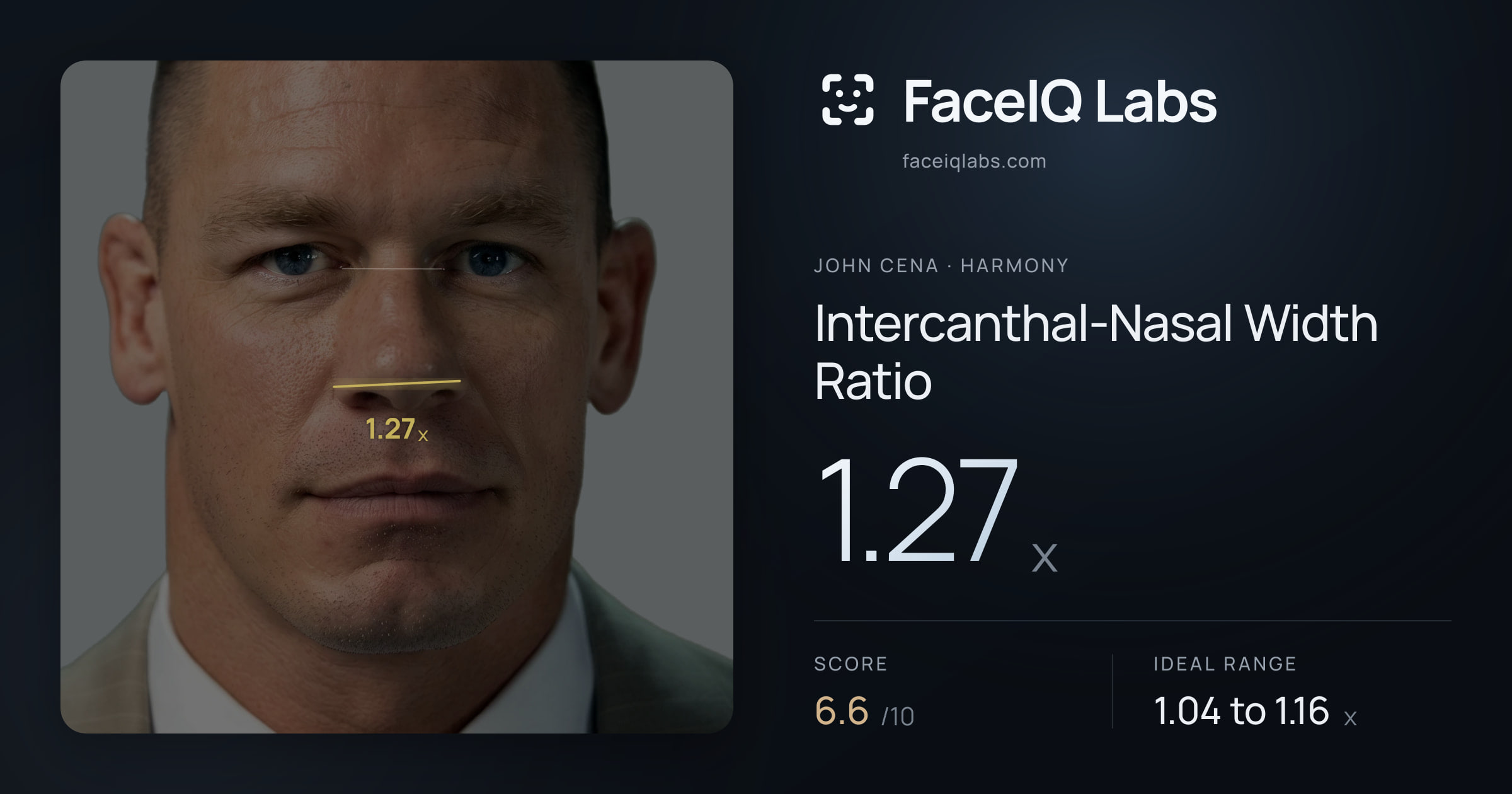John Cena Intercanthal-Nasal Width Ratio: 1.27x, drawn on the photo