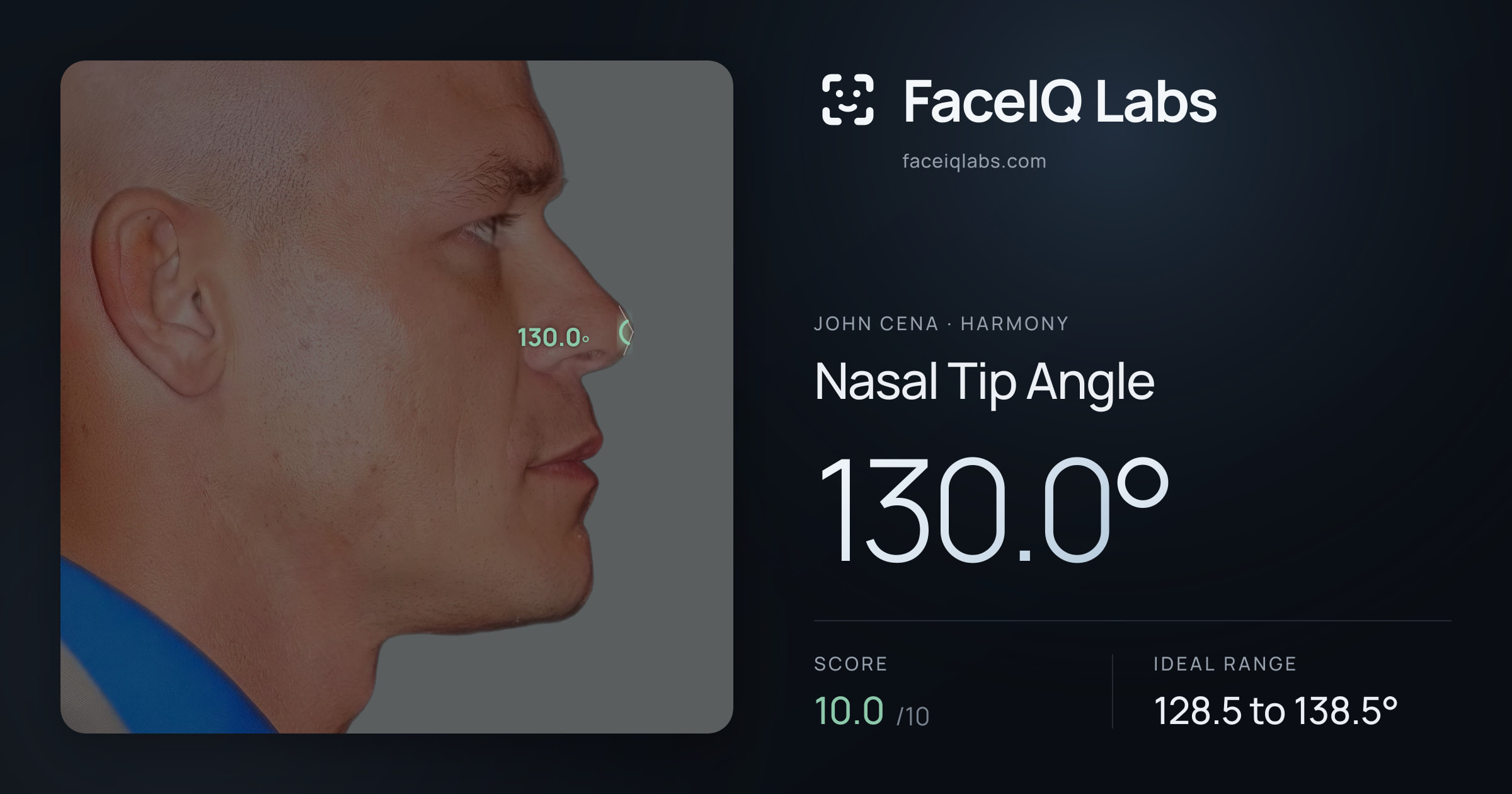 John Cena Nasal Tip Angle: 130.0°, drawn on the photo